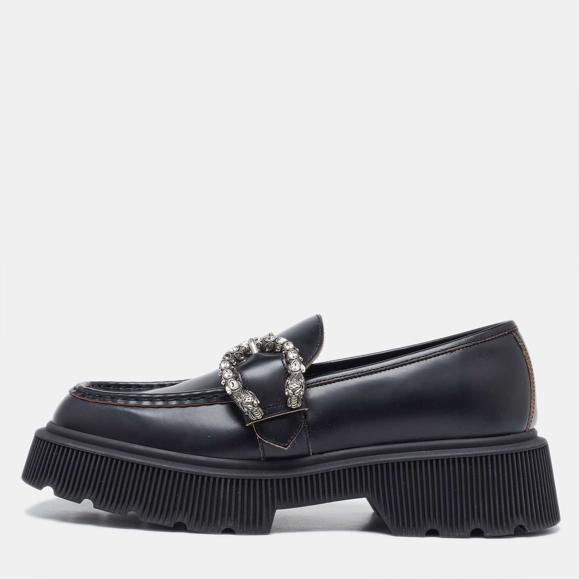 Gucci black leather dionysus accent platform loafers size 40