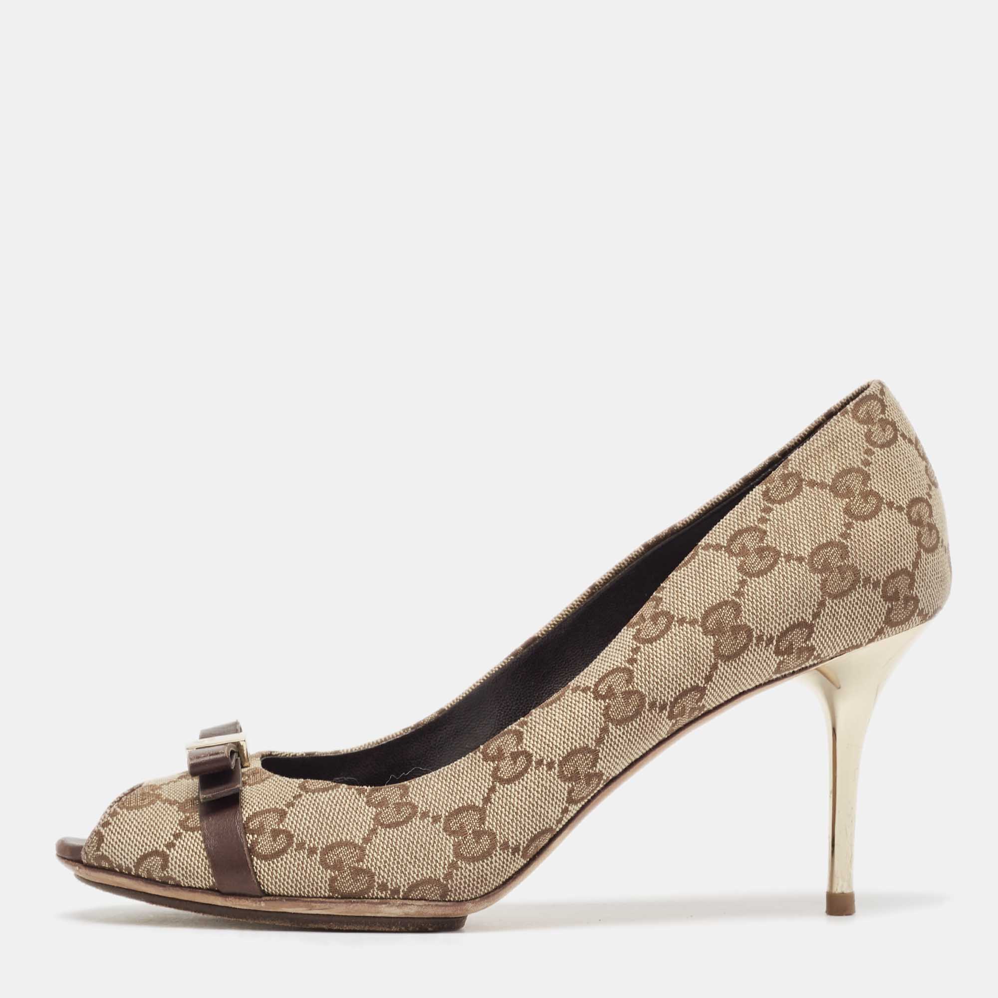 Gucci beige/brown canvas and leather  peep toe pumps size 39