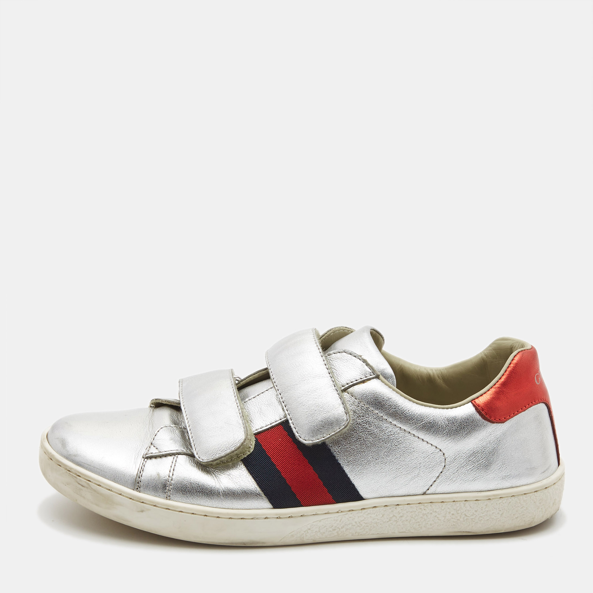 Gucci silver leather ace web low top sneakers size 36