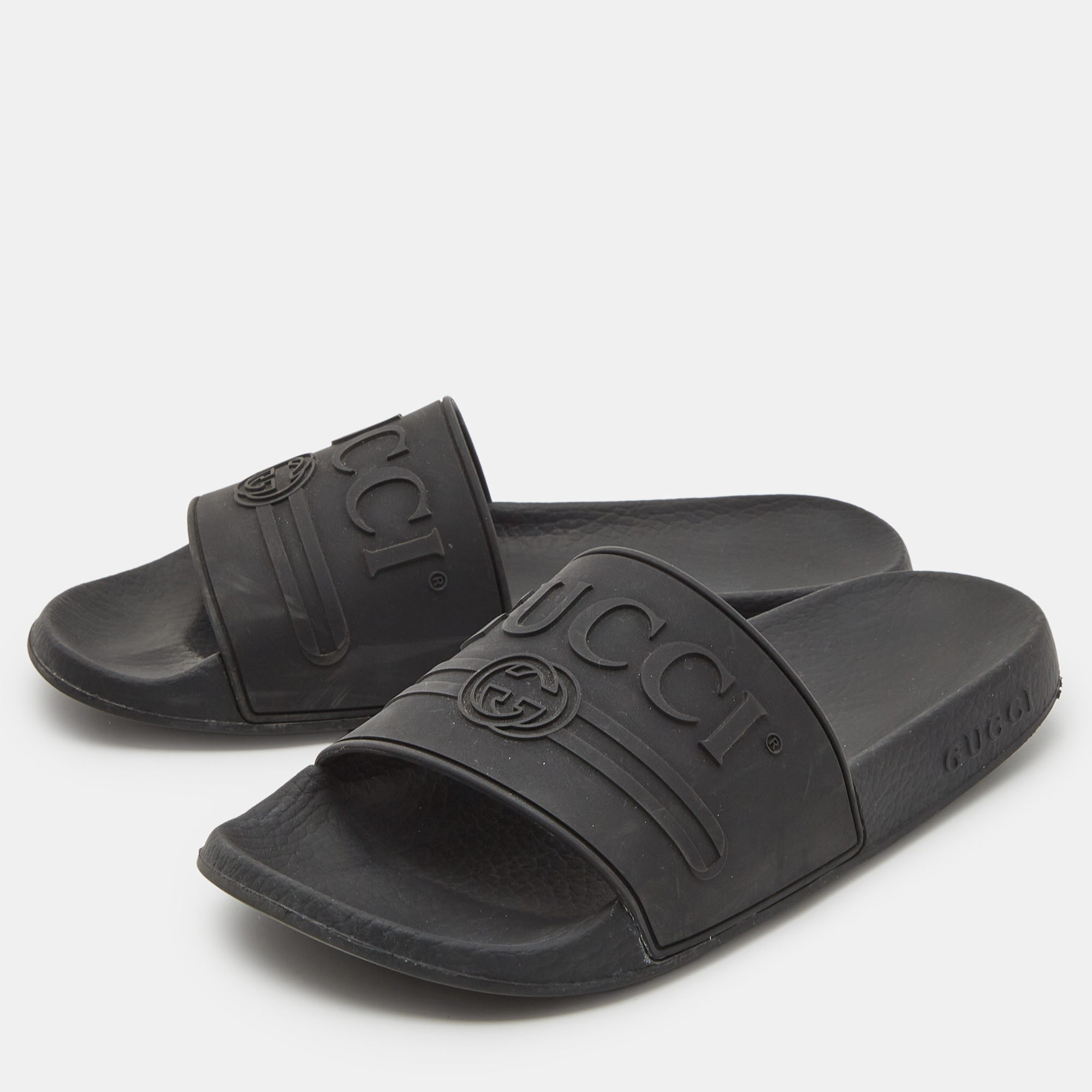 Gucci Black Rubber Logo Pool Slides Size 37