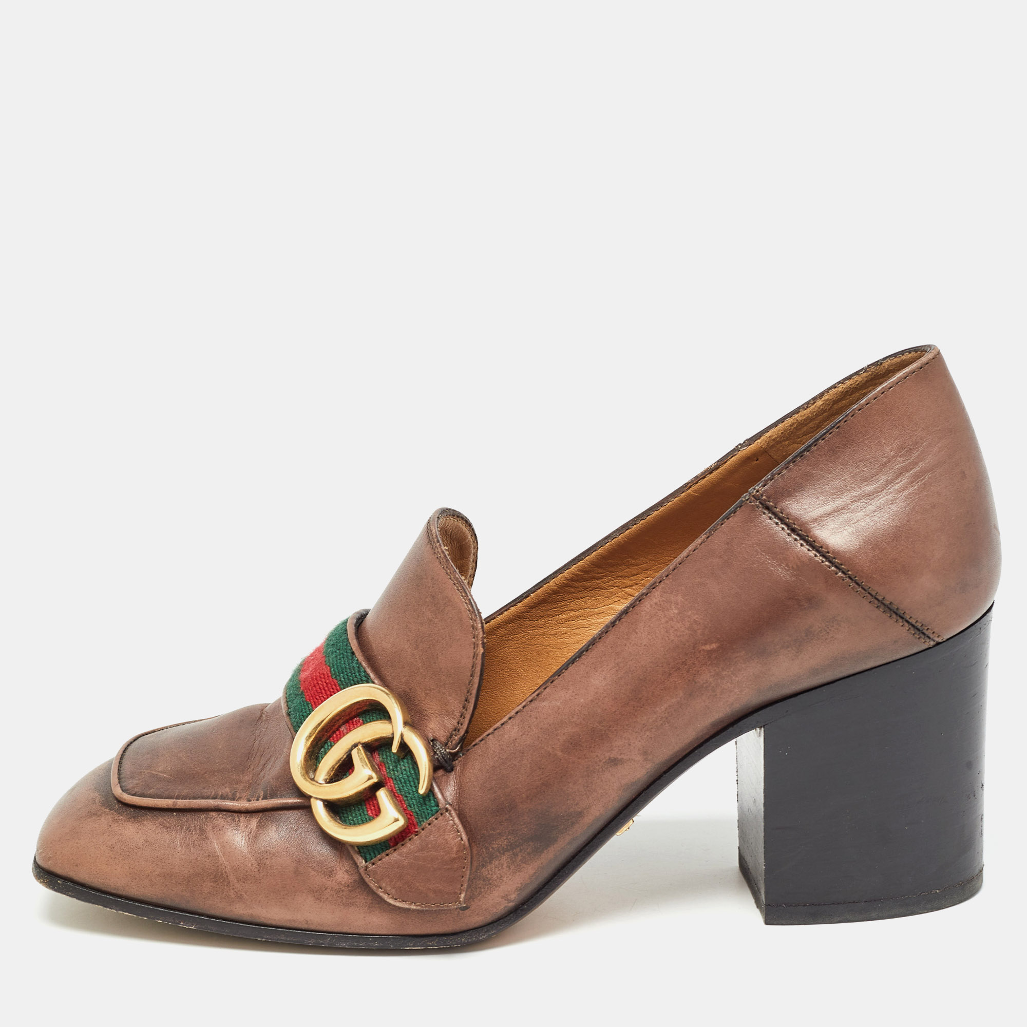 Gucci brown leather block heel loafer  pumps size 36.5