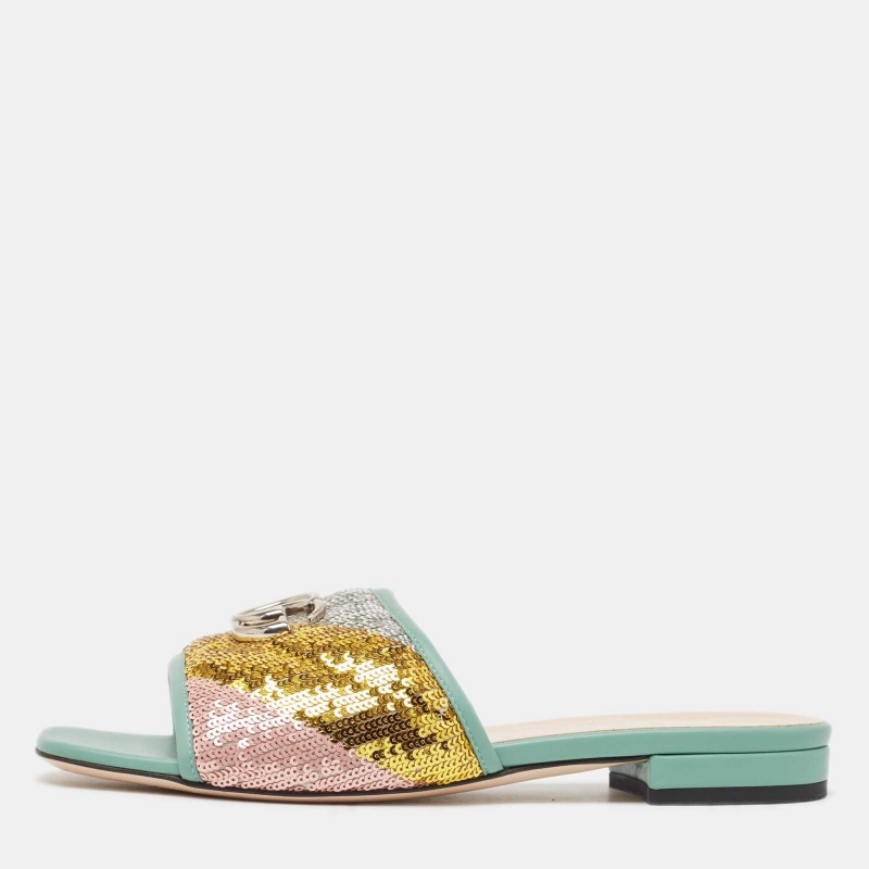 Gucci multicolor leather and sequins double g flat slides size 38.5
