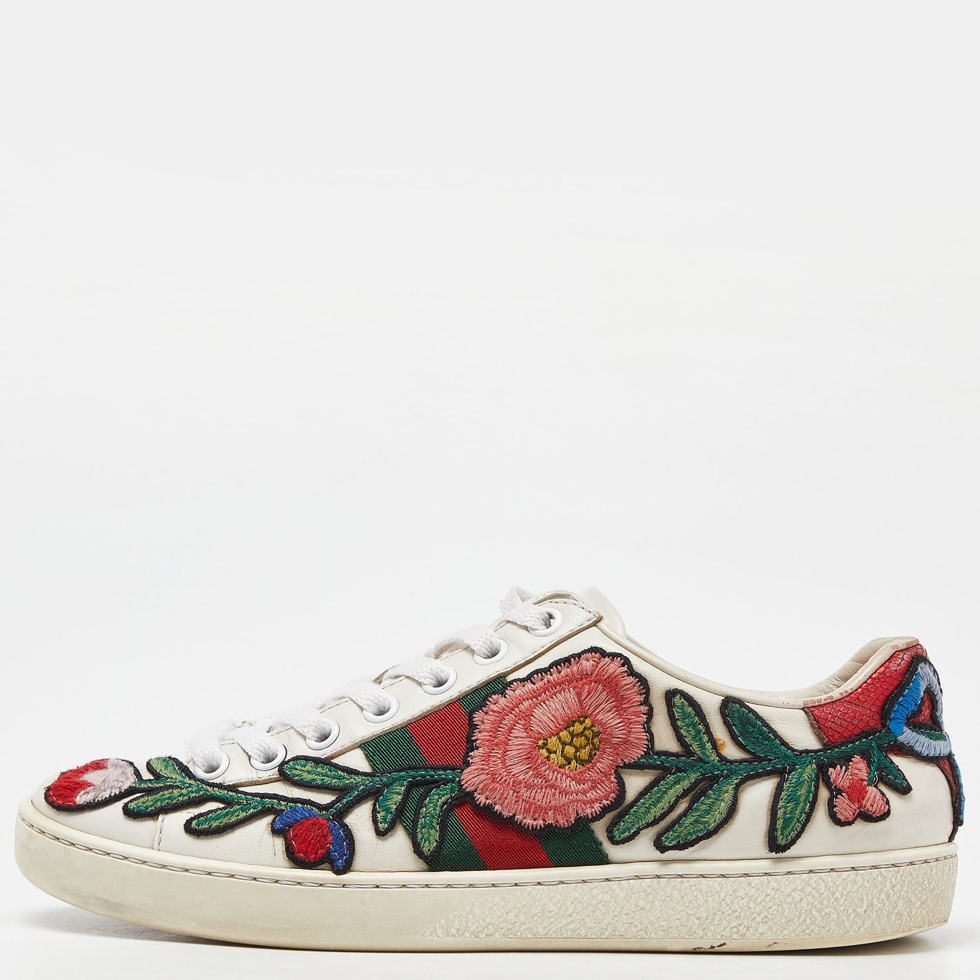 Gucci white leather floral embroidered ace sneakers size 35