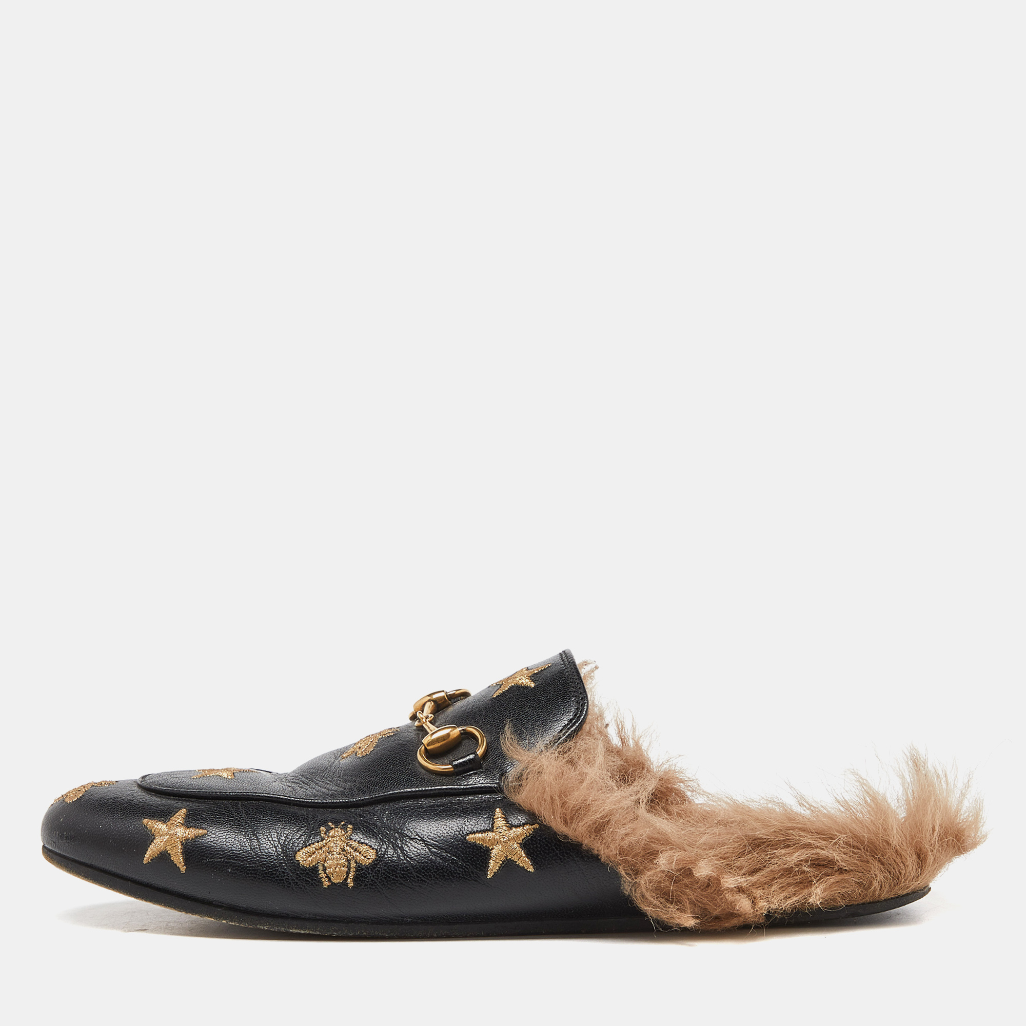 Gucci black leather and fur lined bee star embroidered horsebit princetown flat mules size 37