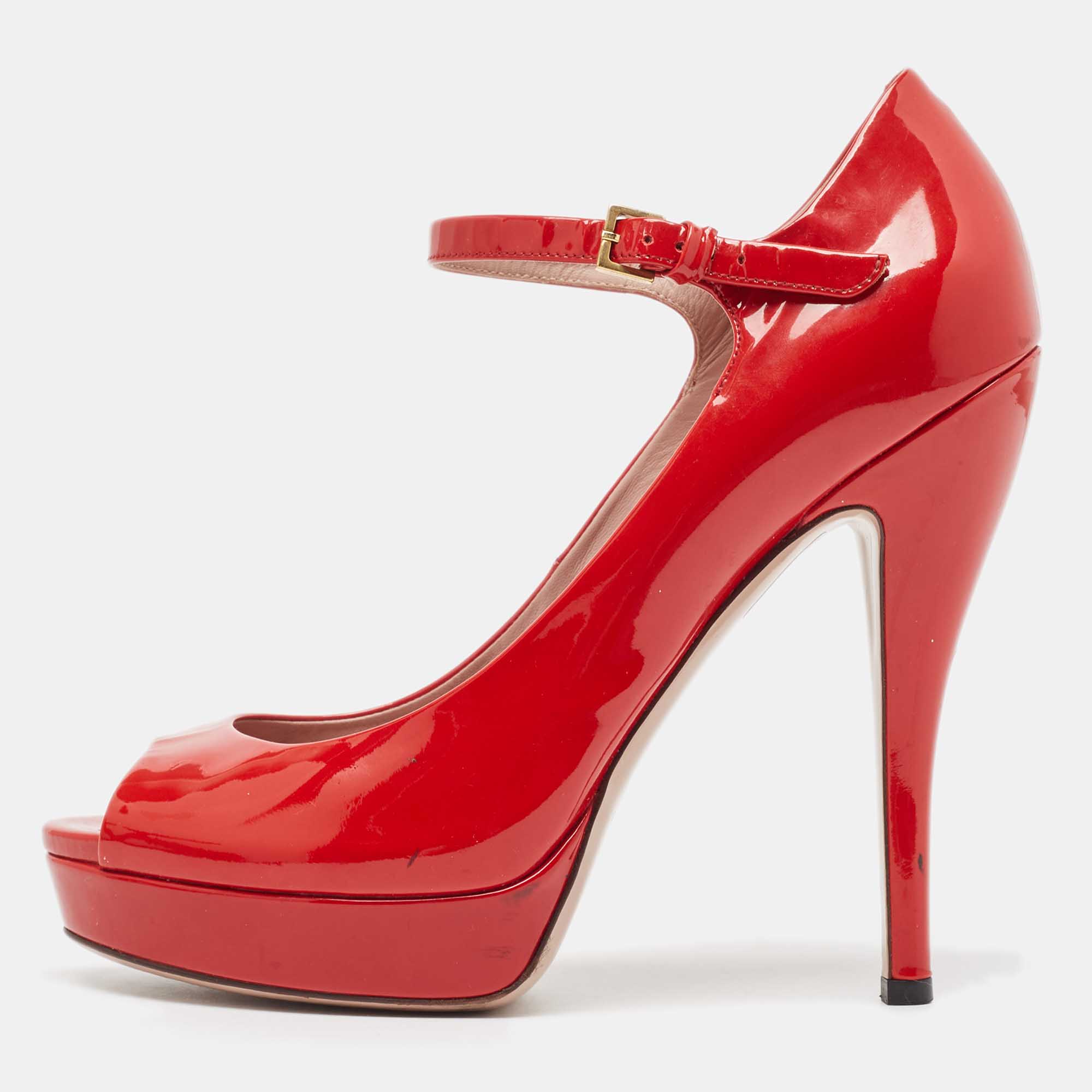 Gucci red patent leather peep toe platform ankle strap pumps size 39