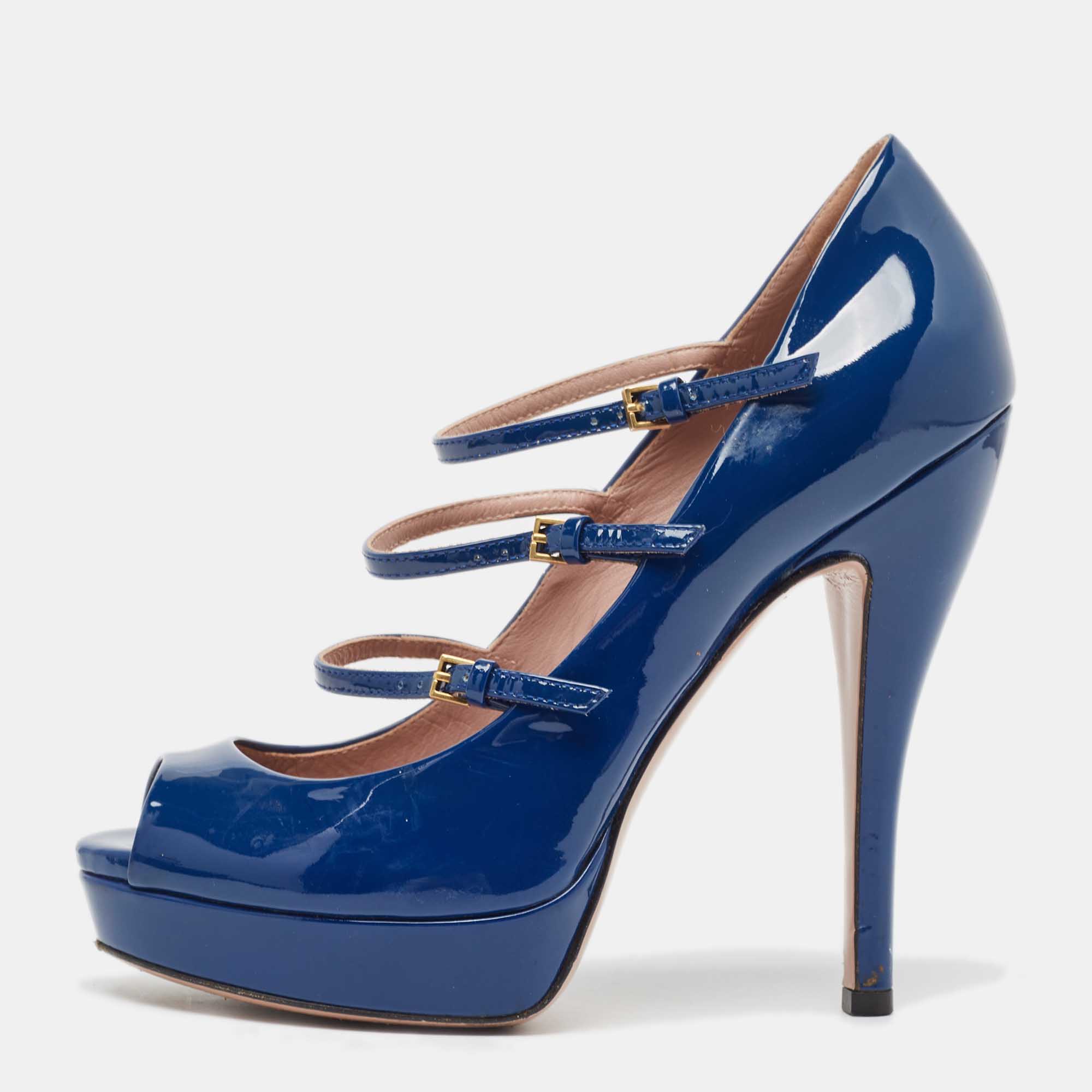 Gucci blue patent leather lisbeth pumps size 37.5