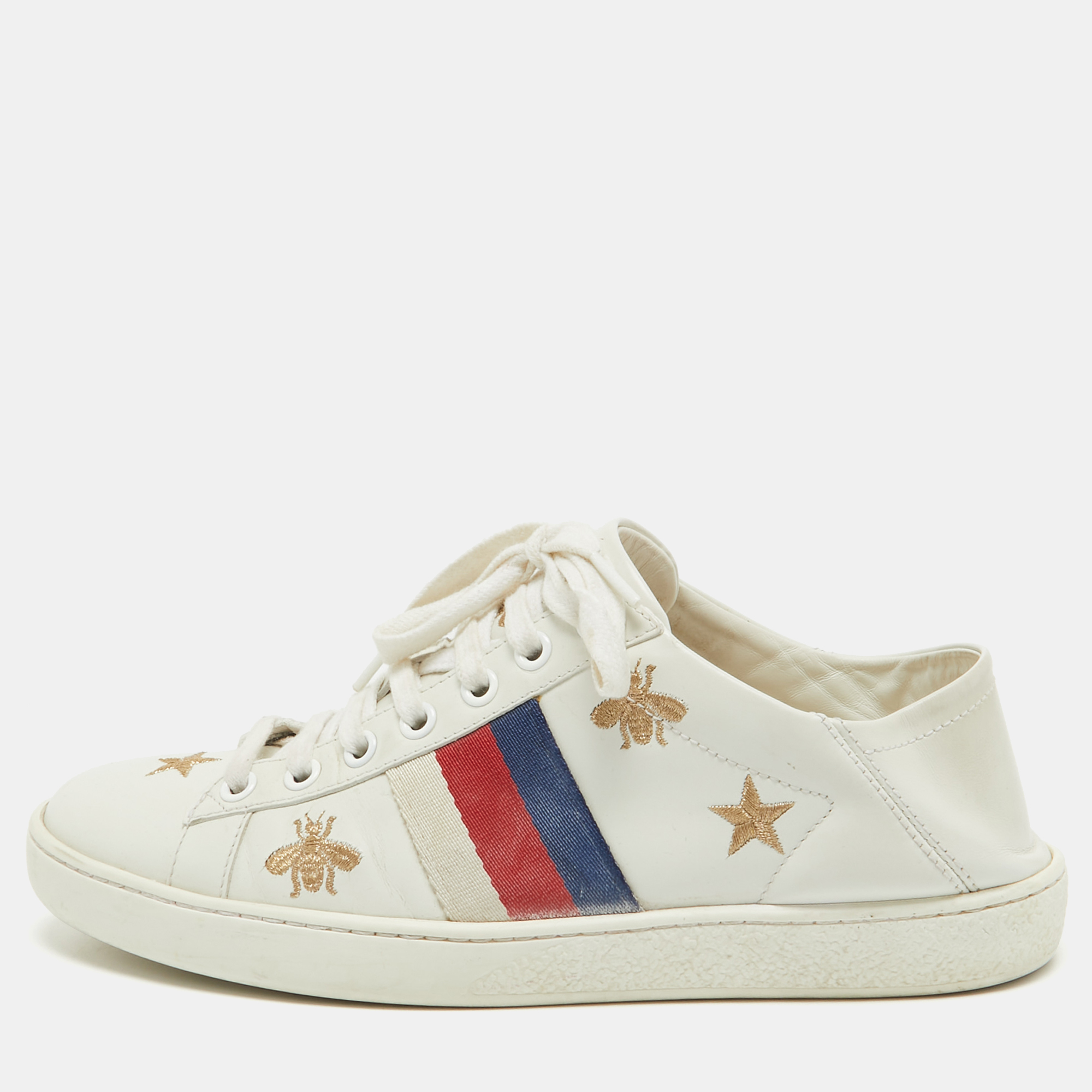 Gucci white leather star and bee embroidered ace sneakers size 36