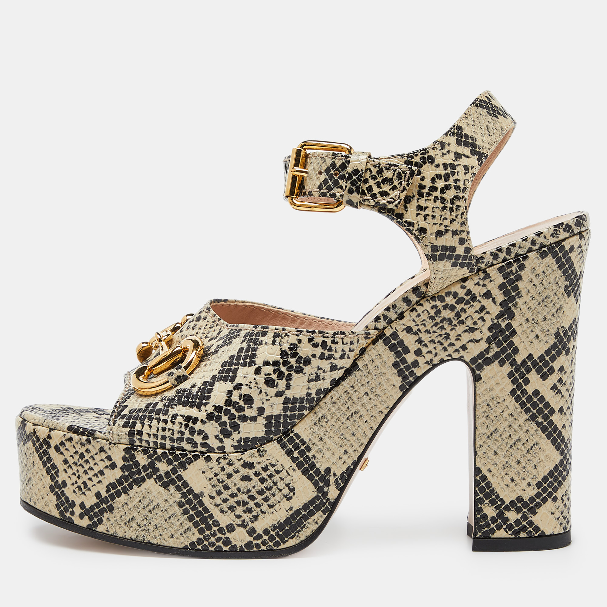 Gucci beige/black python embossed leather horsebit platform ankle strap sandals 40
