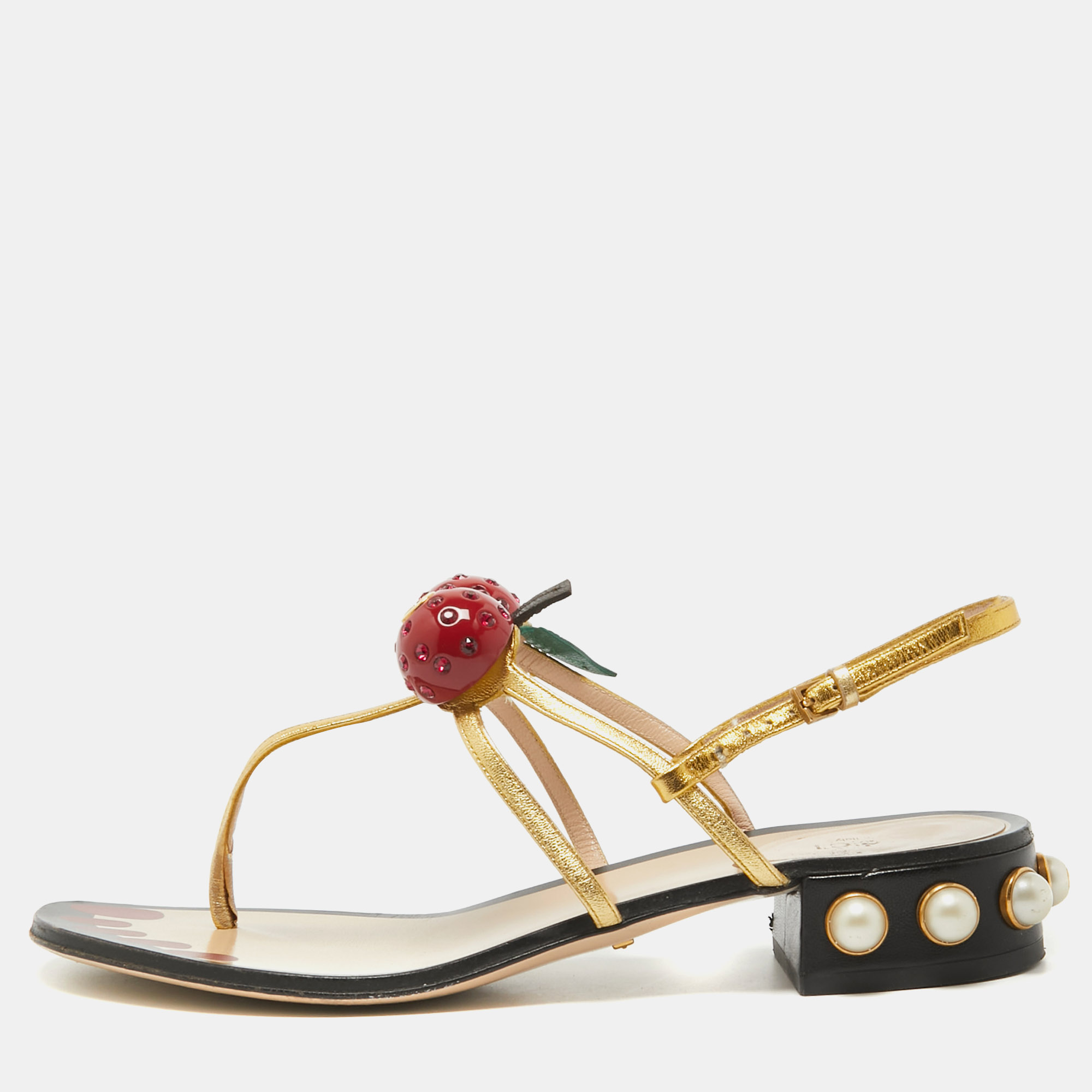 Gucci gold leather hatsumomo cherry thong sandals size 37.5