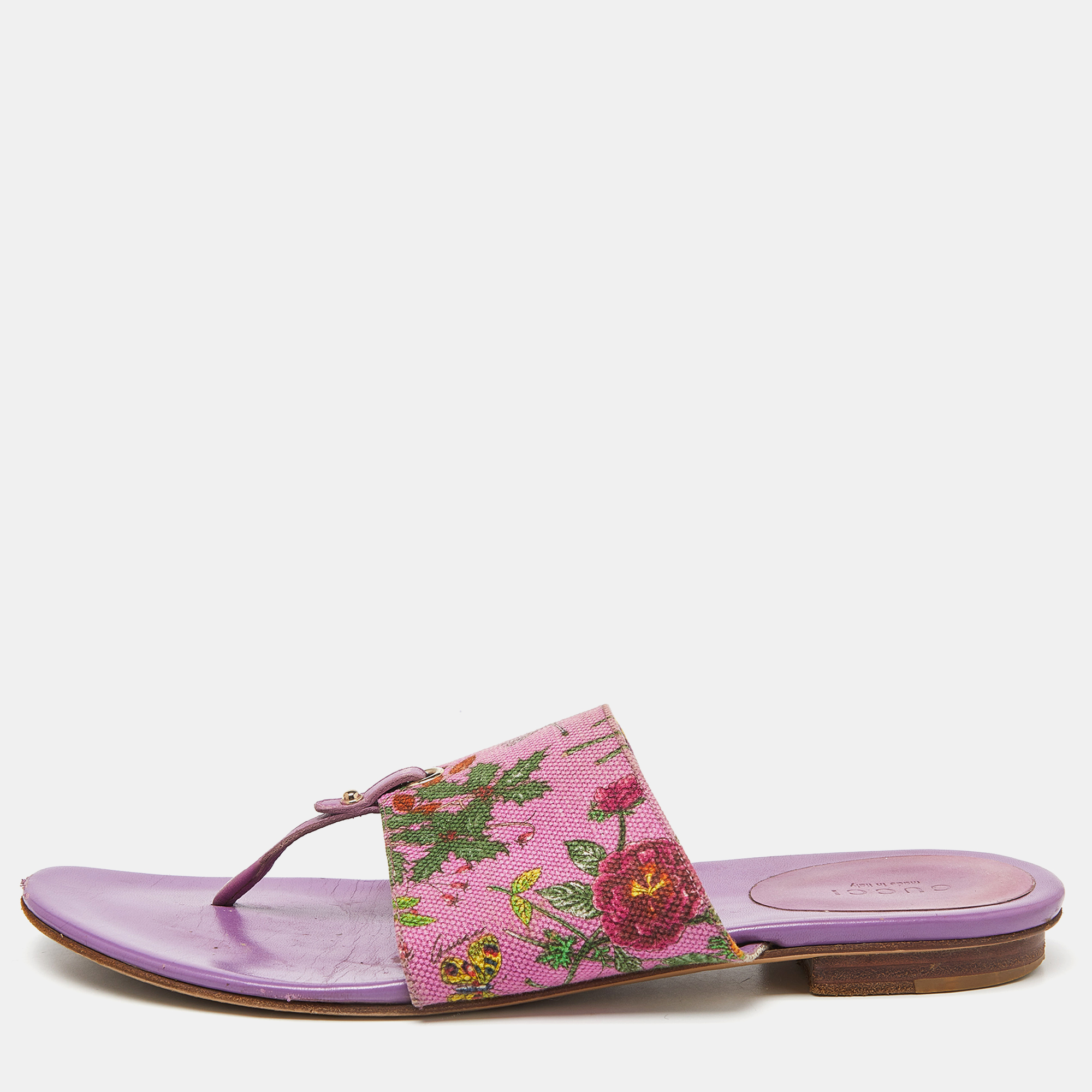 Gucci purple floral canvas and leather thong slide flats size 39.5