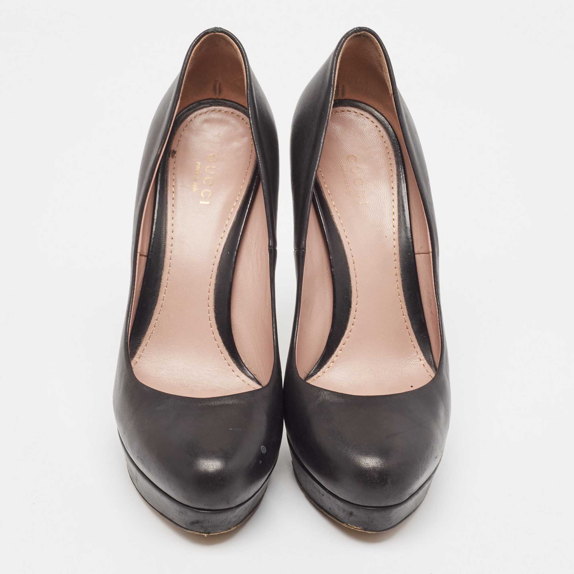 Gucci Black Leather Platform Round Toe Pumps Size 38.5