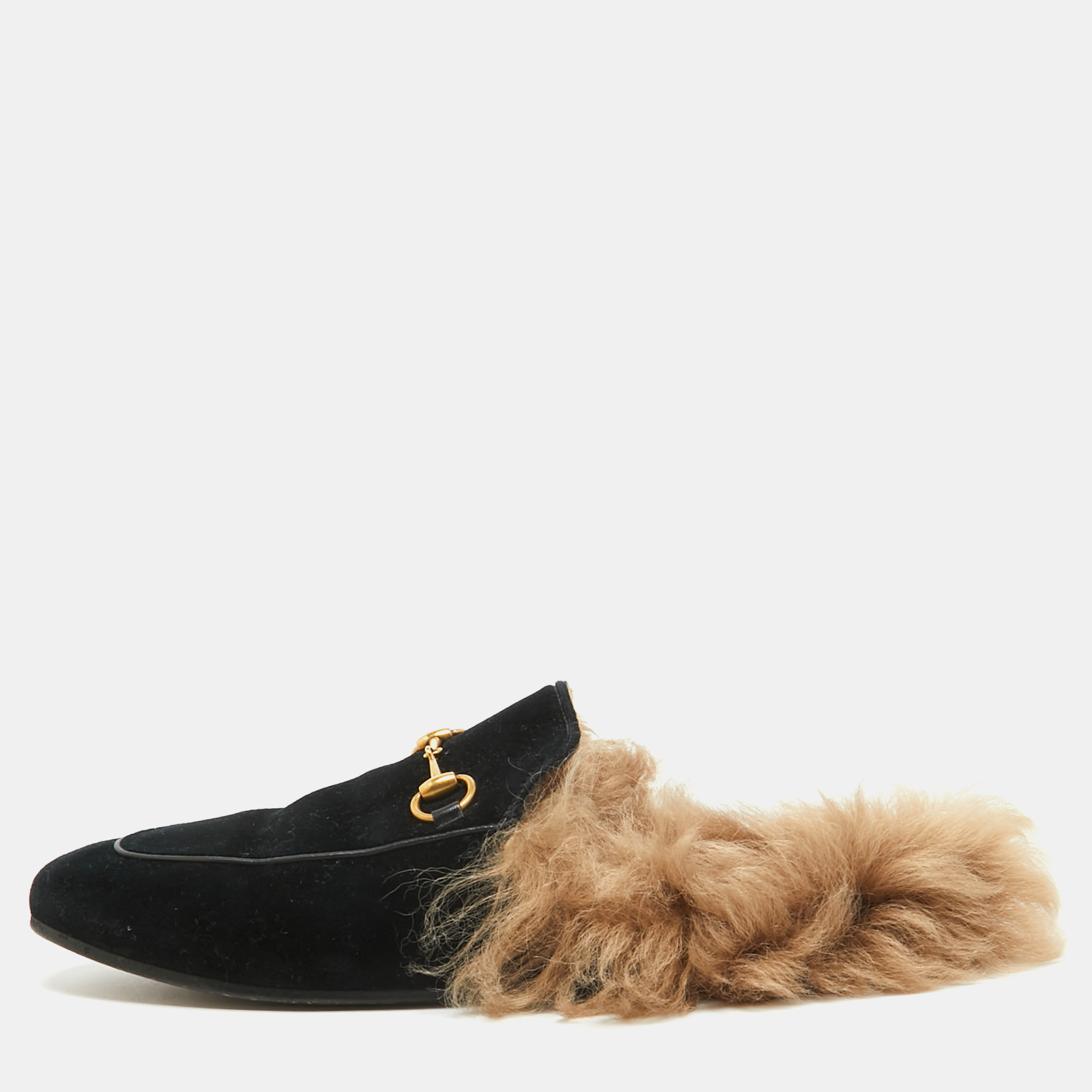 Gucci black velvet fur lined princetown flat mules size 38