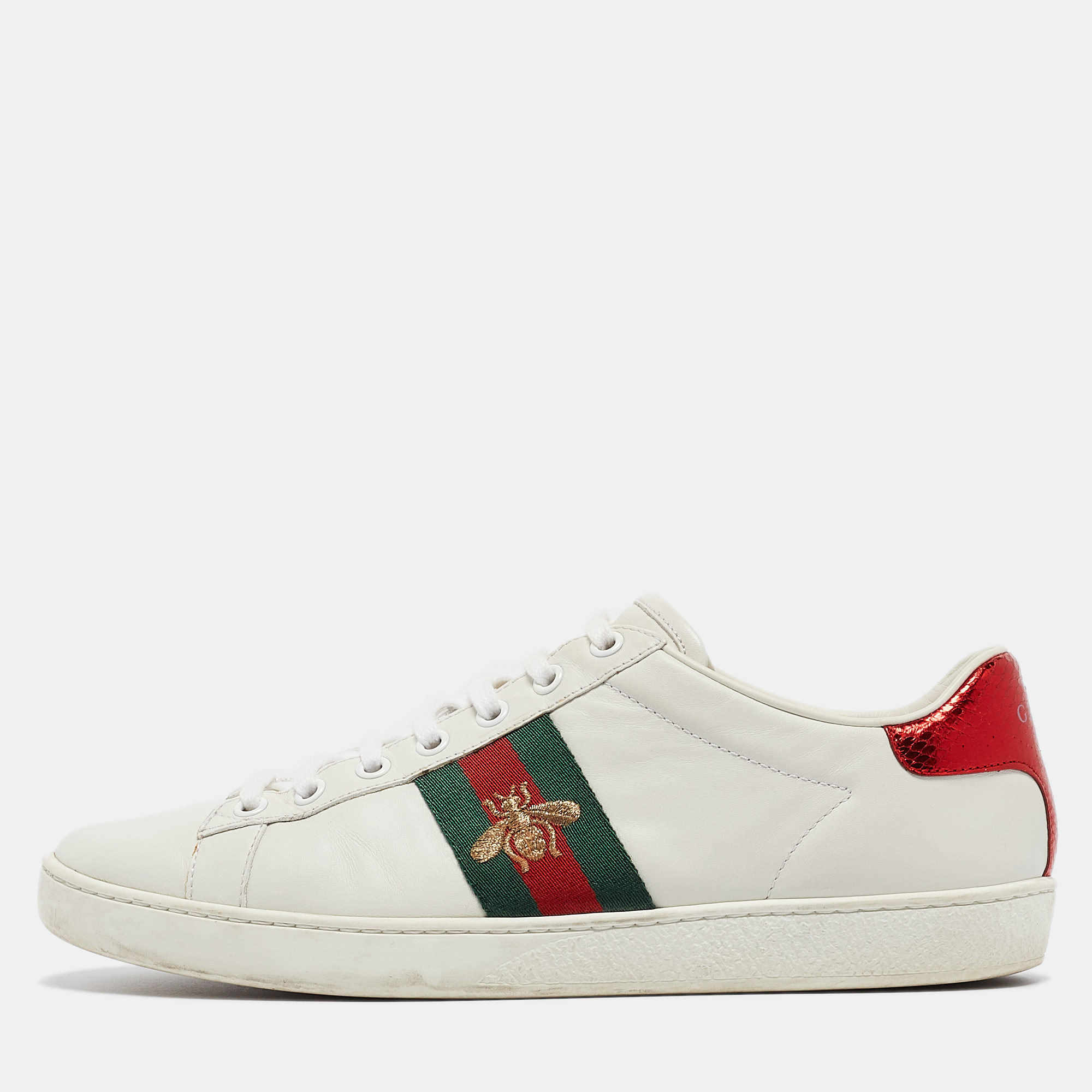 Gucci white leather bee embroidered ace sneakers size 38.5