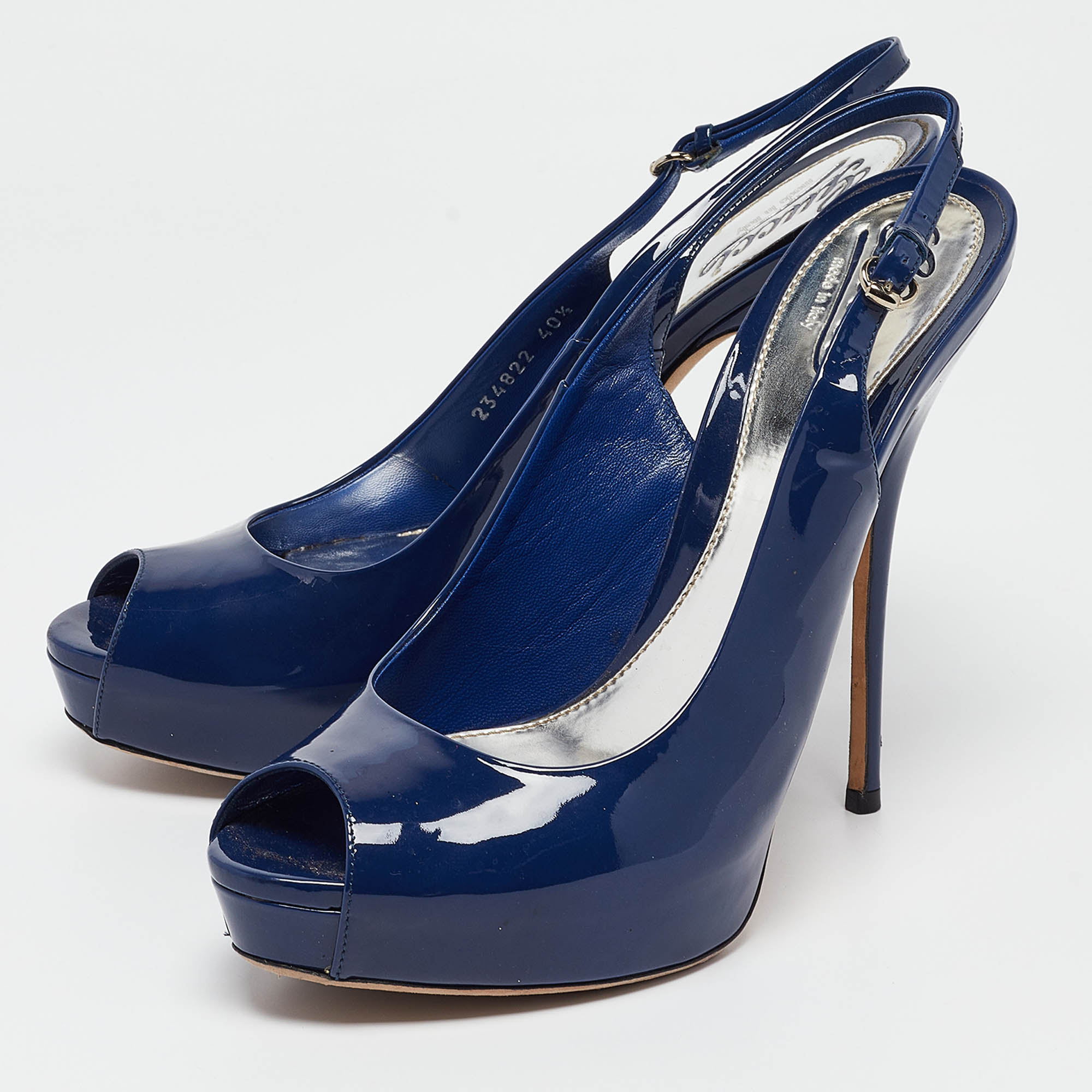 Gucci Blue Patent Sofia Peep Toe Slingback Pumps Size 40.5