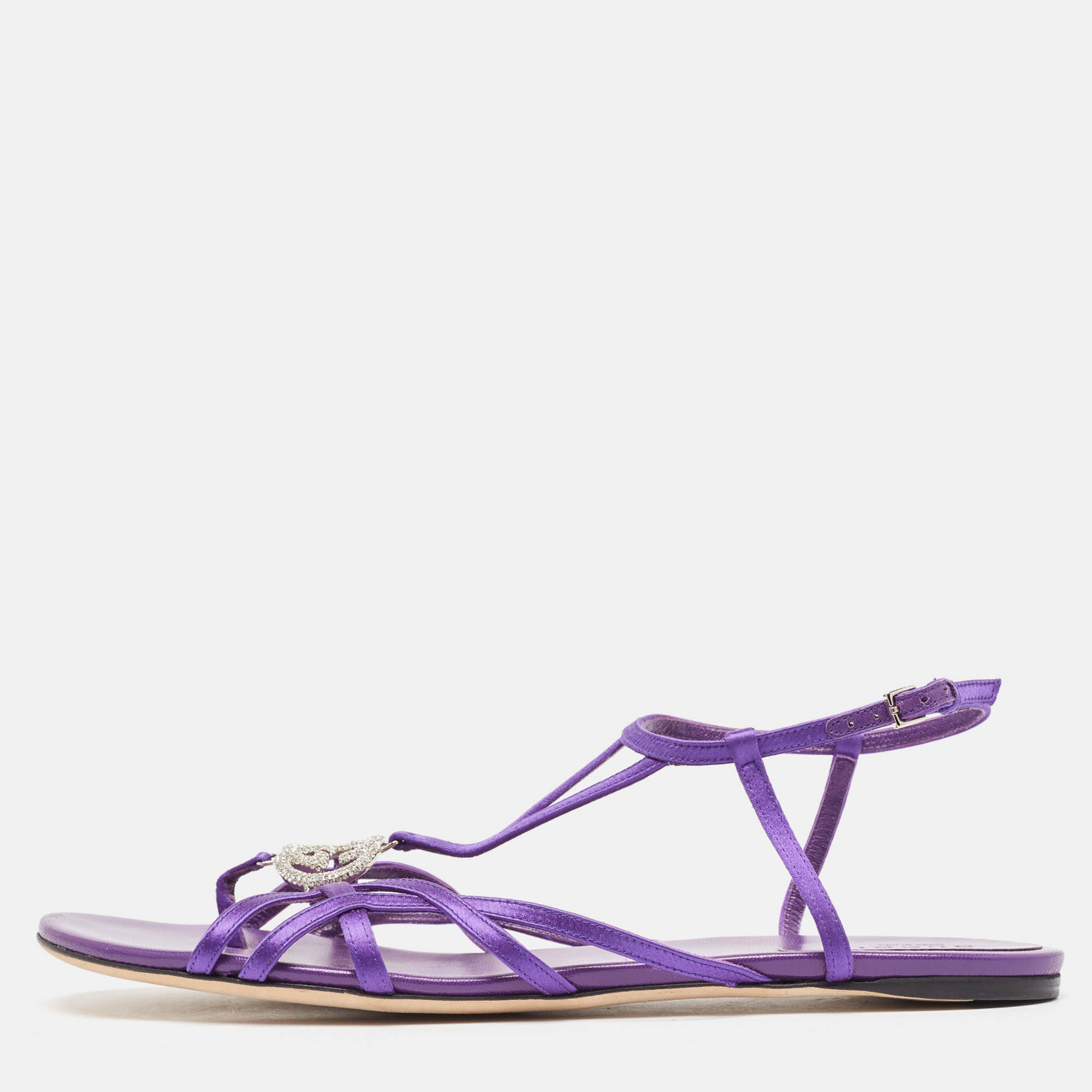 Gucci purple satin crystal embellished thong ankle strap flat sandals size 40.5