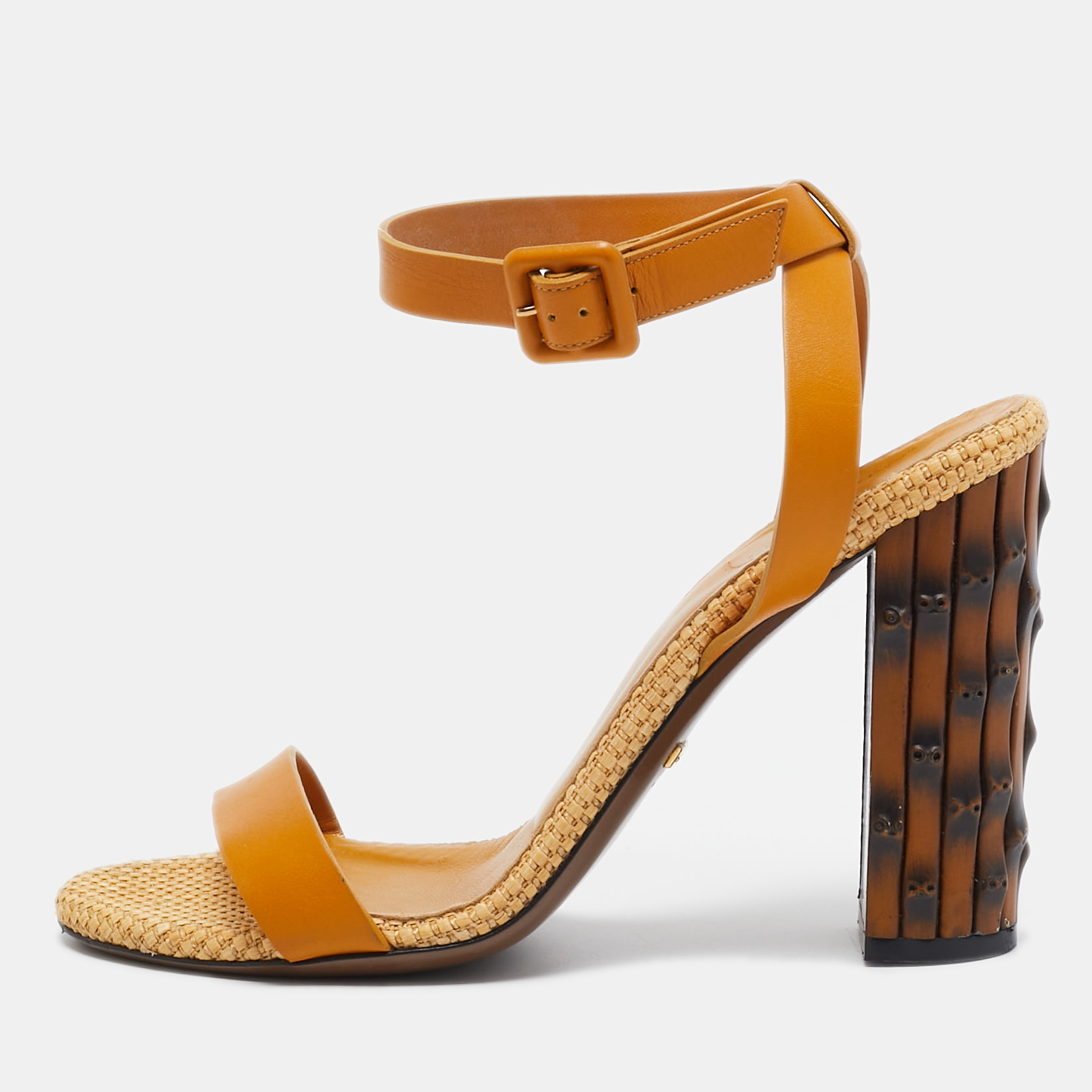 Gucci yellow leather bamboo block heel ankle strap sandals size 37.5