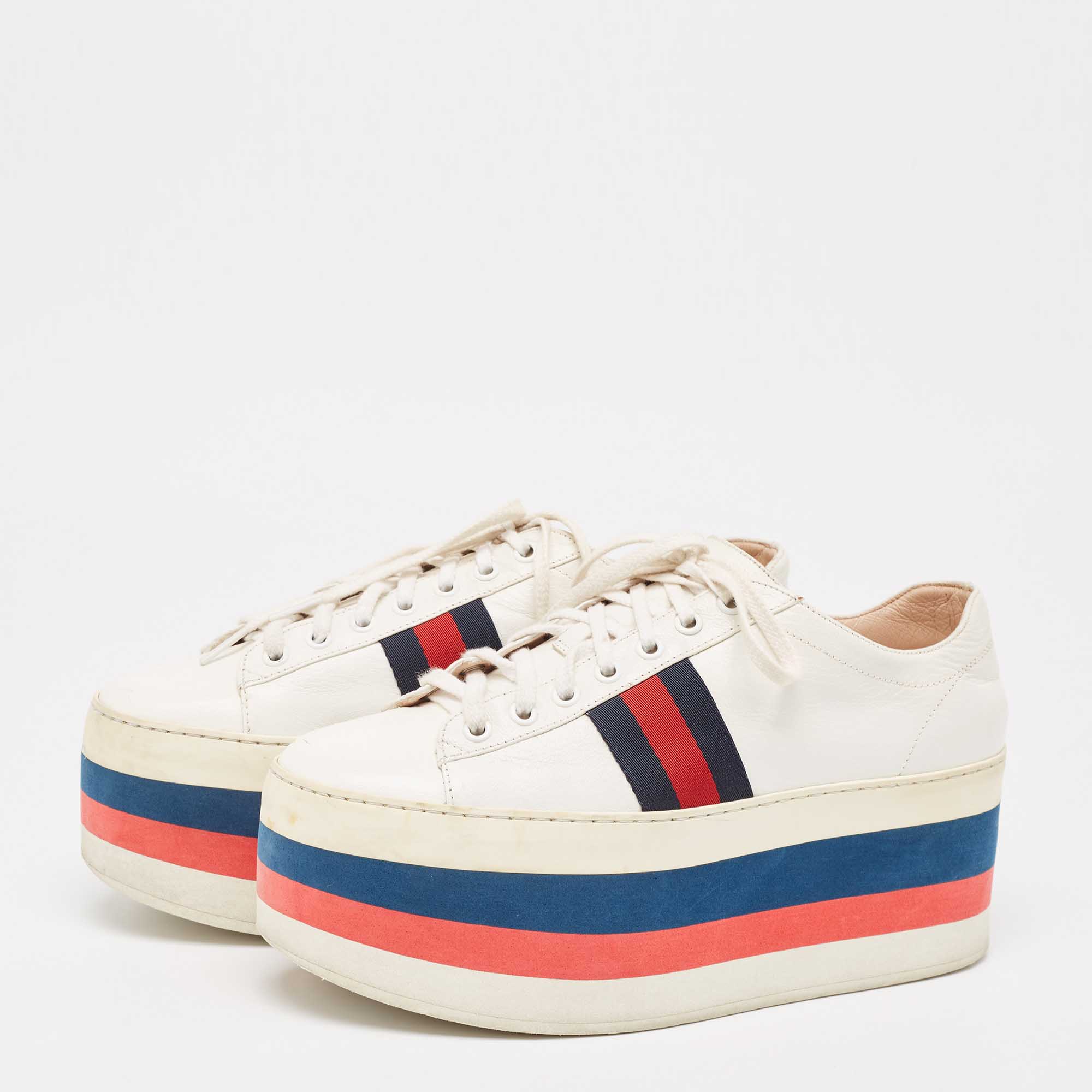 Gucci White Leather Ace Platform Wedge Lace Up Sneakers Size 39