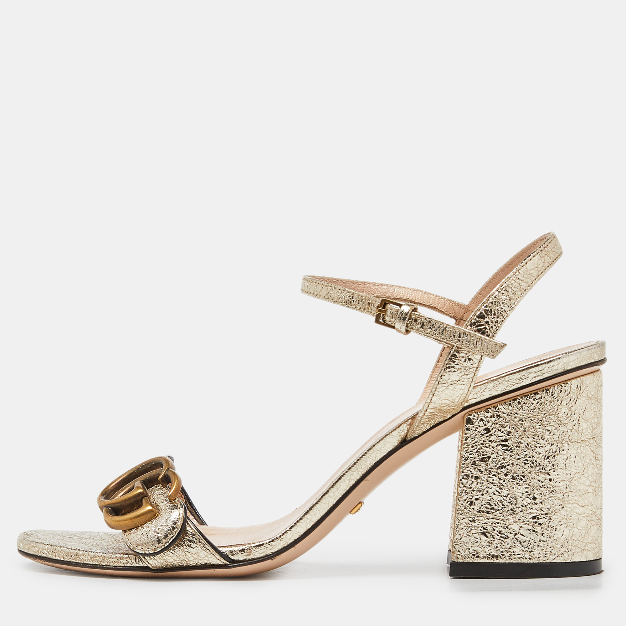 Gucci metallic gold crinkled leather gg marmont ankle strap sandals size 36