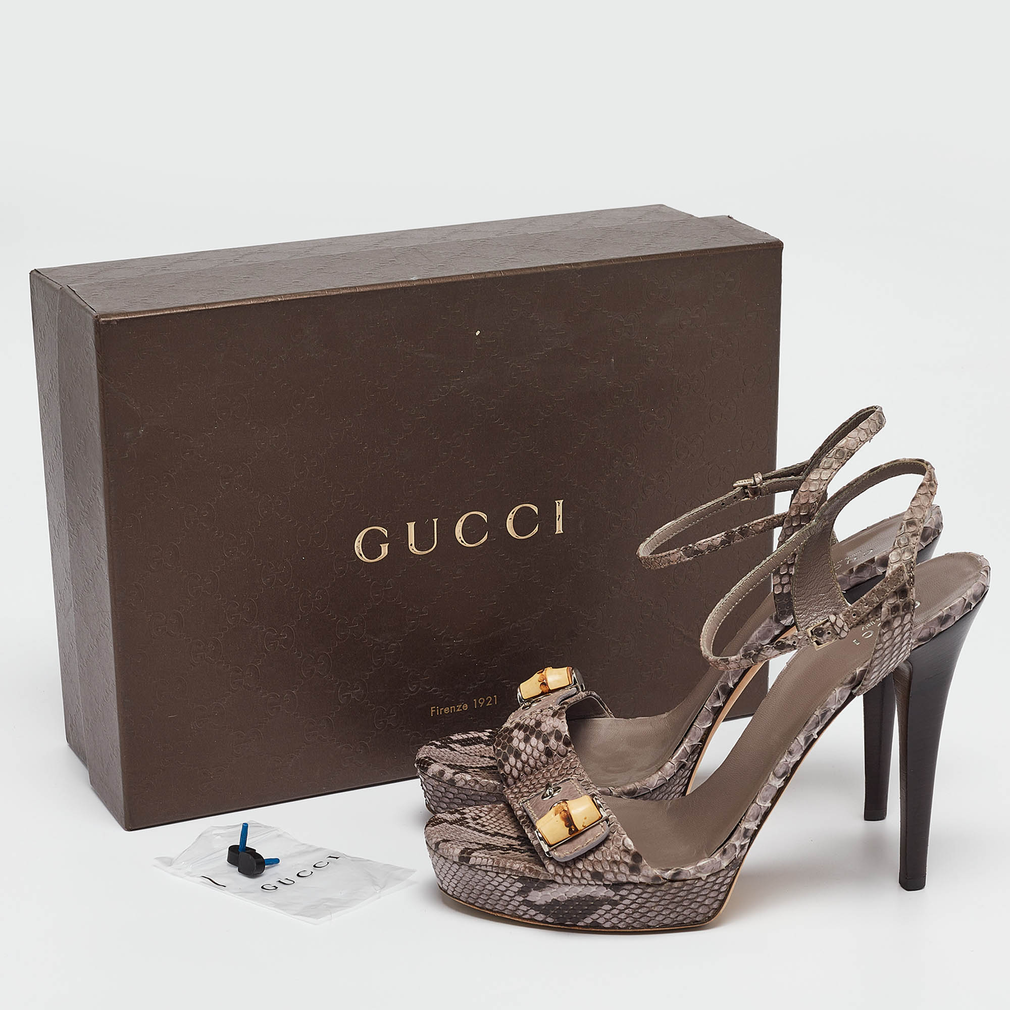 Gucci Grey Python Leather Bamboo Platform Ankle Strap Sandals Size 40