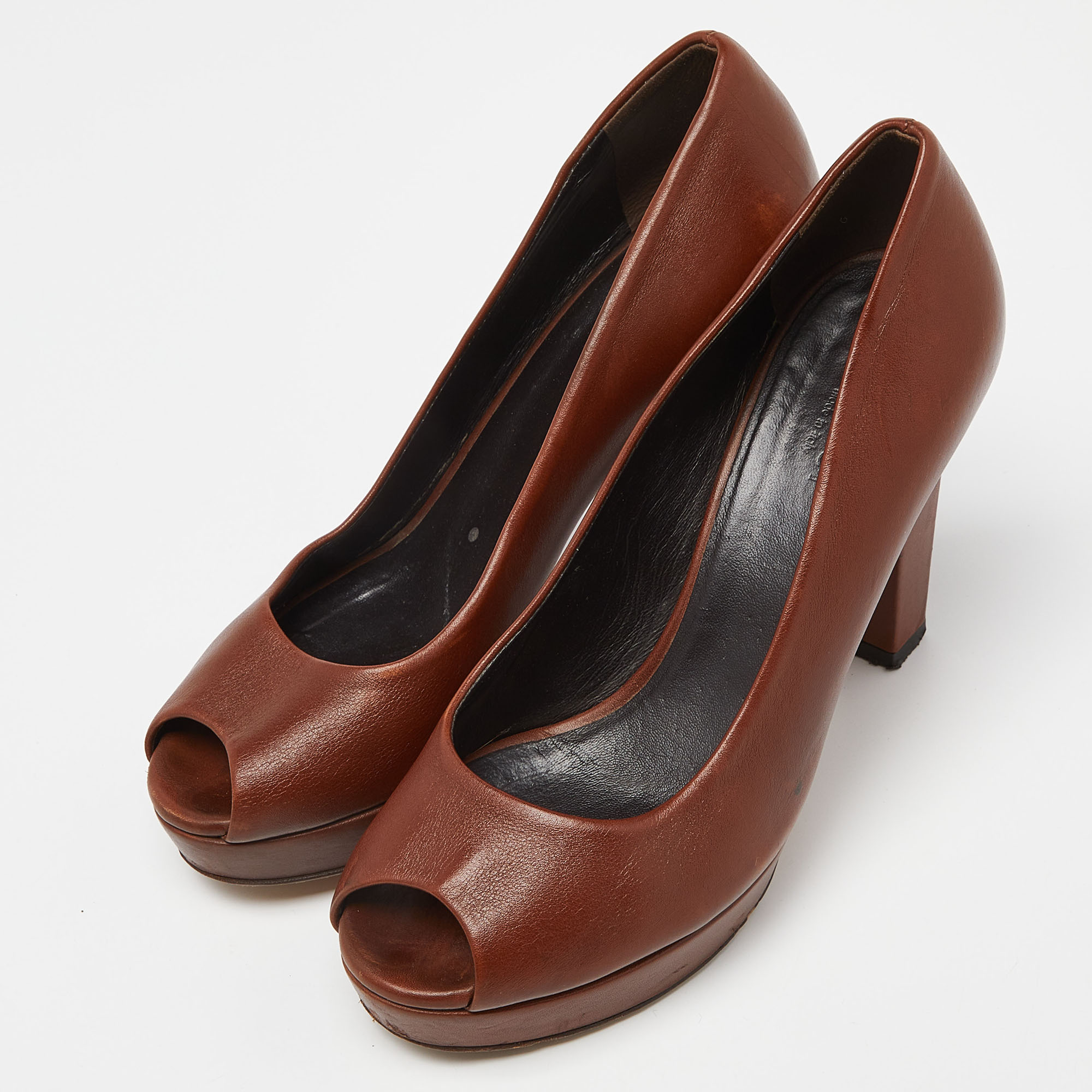 Gucci Brown Leather Peep Toe Platform Pumps Size 36.5