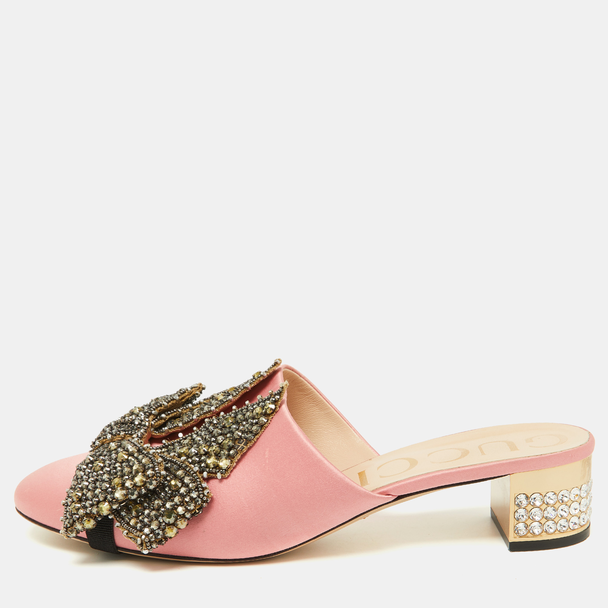 Gucci pink satin crystal embellished bow mules size 41.5