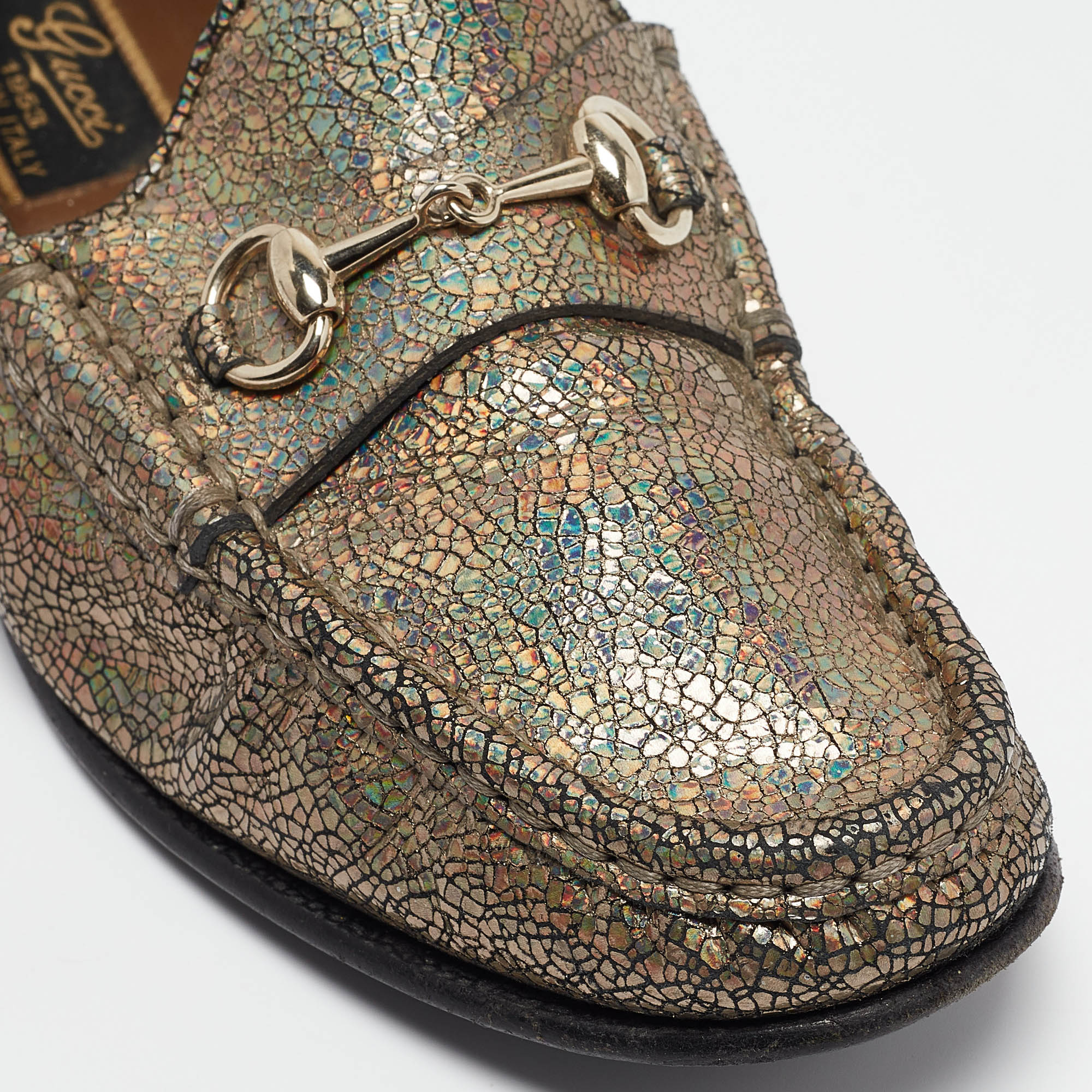 Gucci Multicolor Foil Textured Leather Horsebit Slip On Loafers Size 36