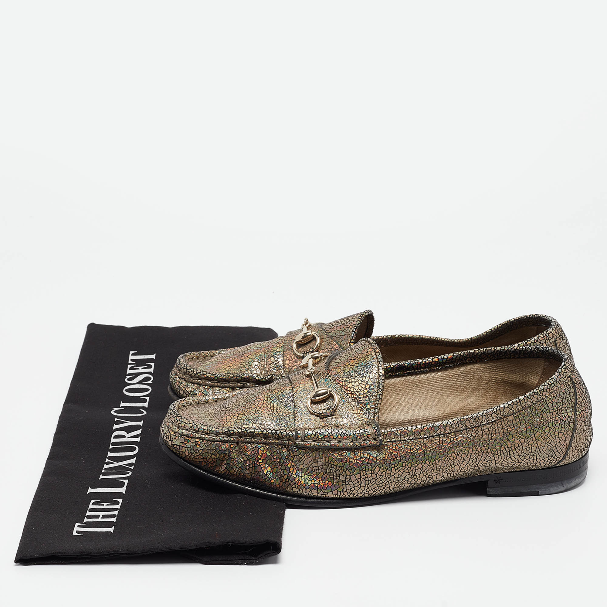 Gucci Multicolor Foil Textured Leather Horsebit Slip On Loafers Size 36