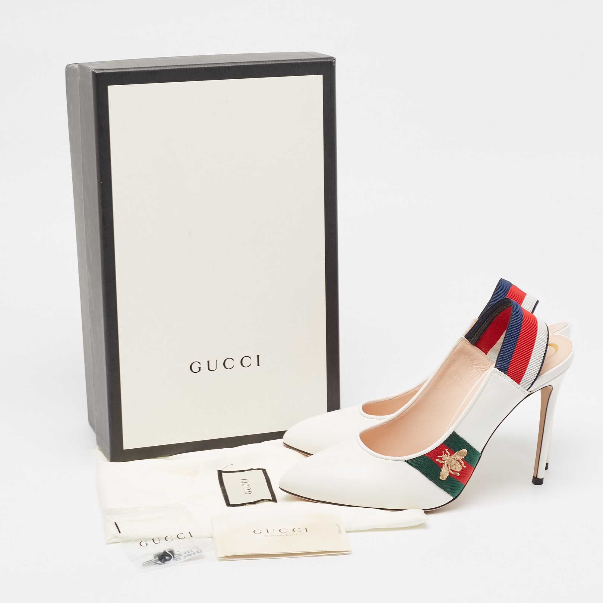 Gucci White Leather Web Detail Sylvie Slingback Pumps Size 40