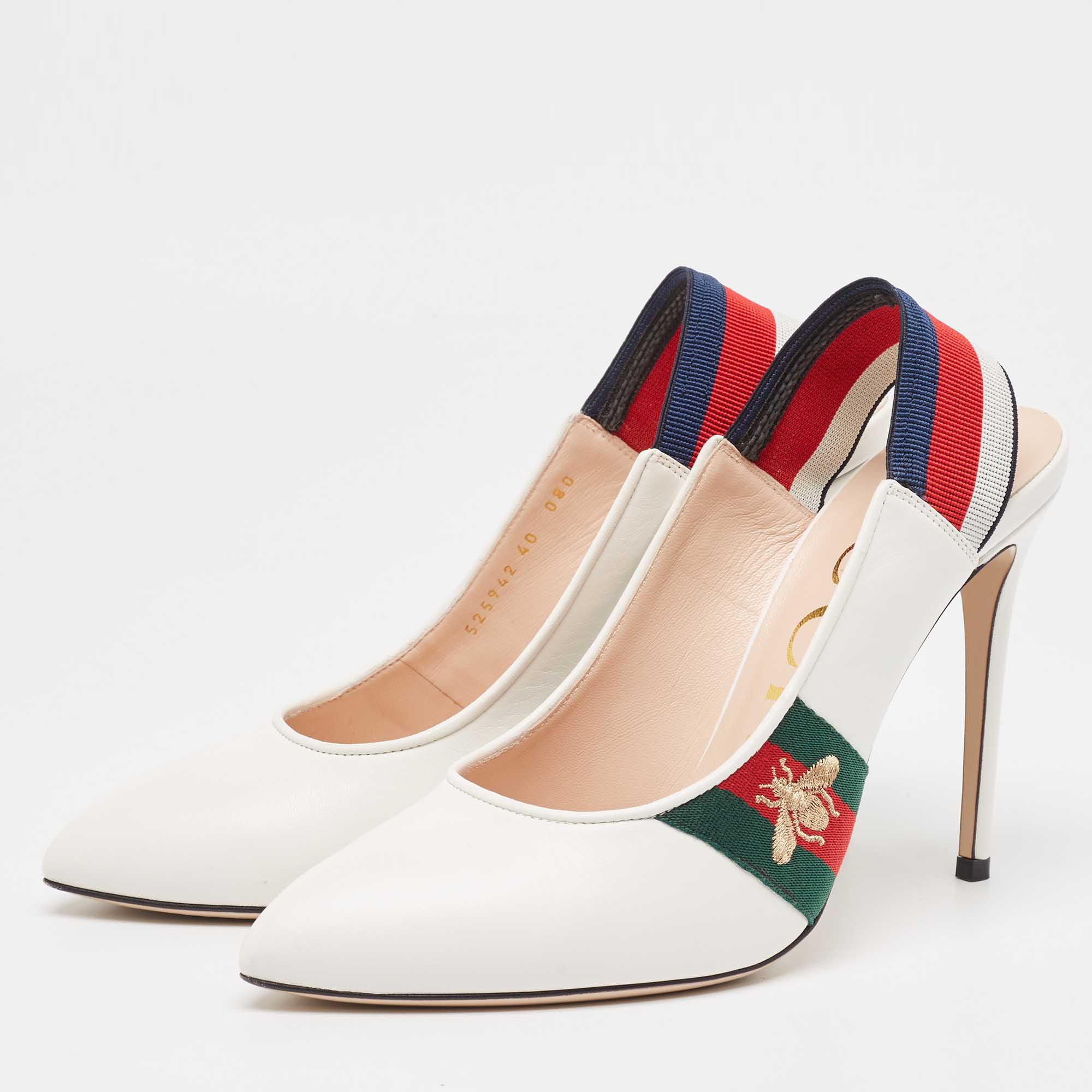 Gucci White Leather Web Detail Sylvie Slingback Pumps Size 40