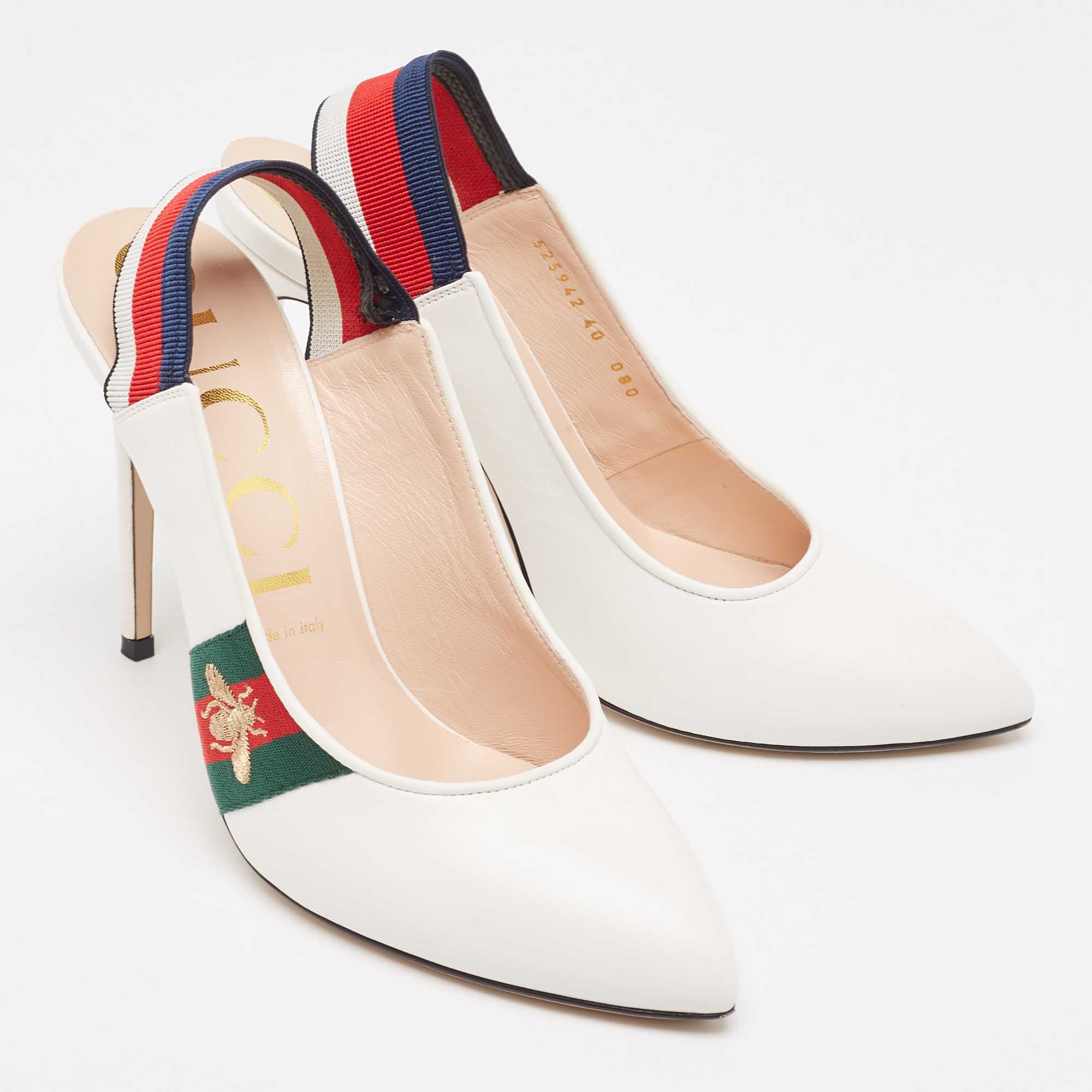 Gucci White Leather Web Detail Sylvie Slingback Pumps Size 40