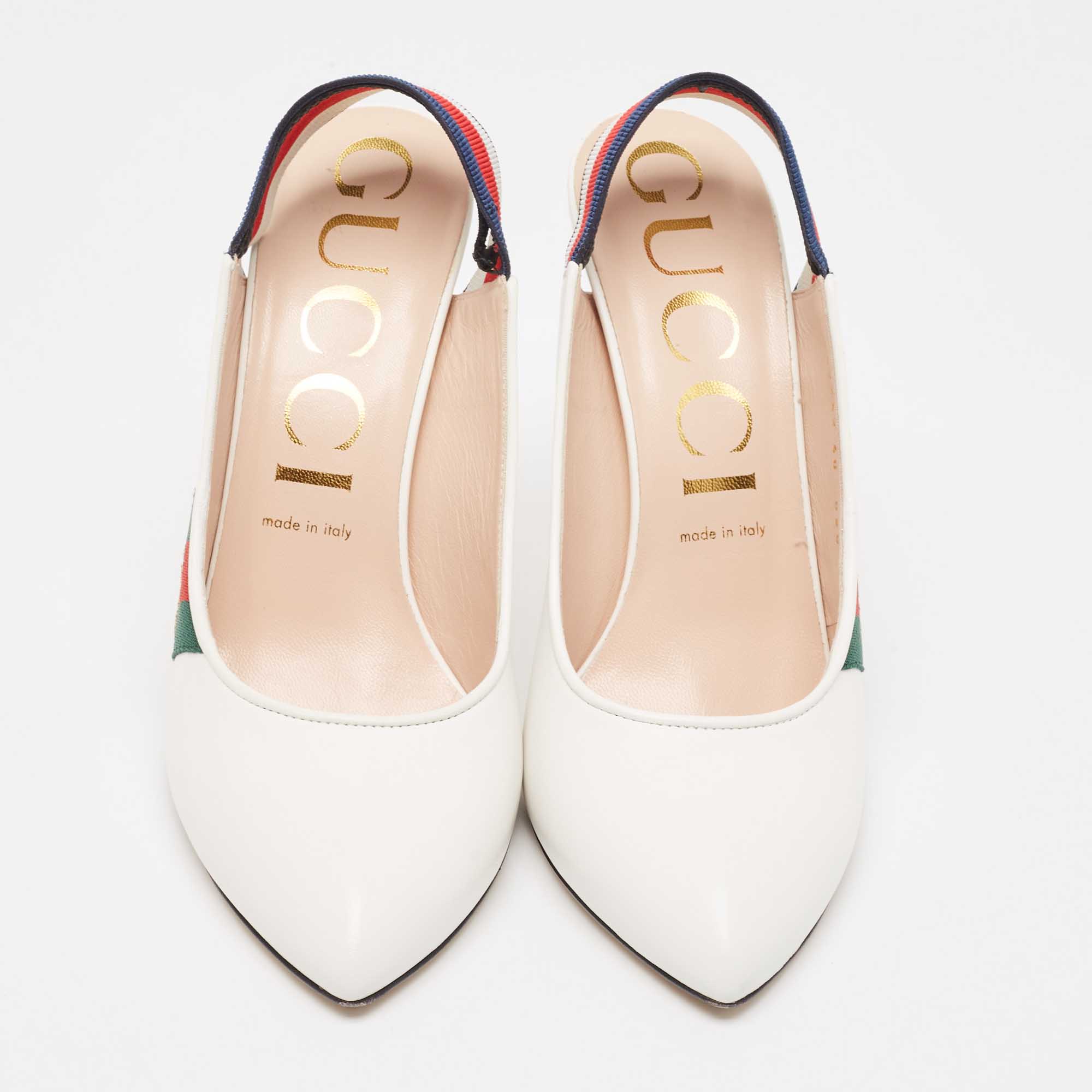 Gucci White Leather Web Detail Sylvie Slingback Pumps Size 40