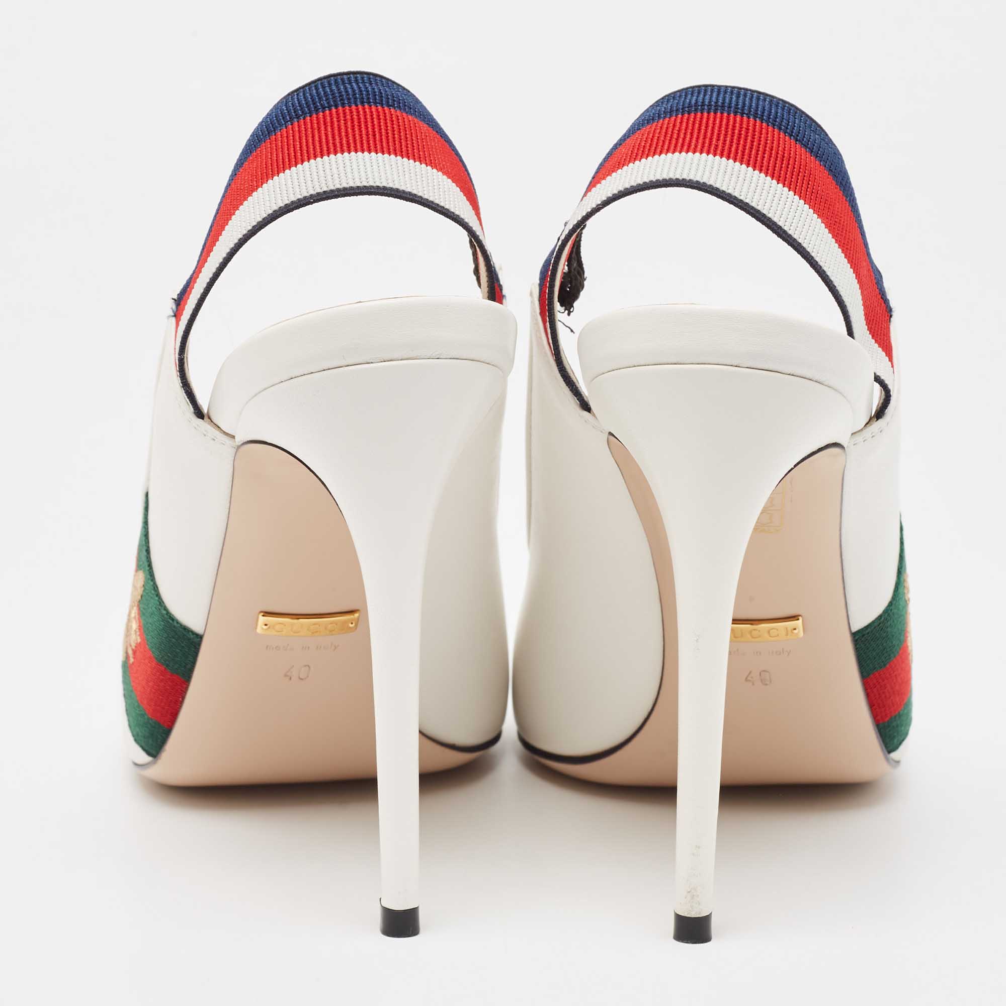 Gucci White Leather Web Detail Sylvie Slingback Pumps Size 40