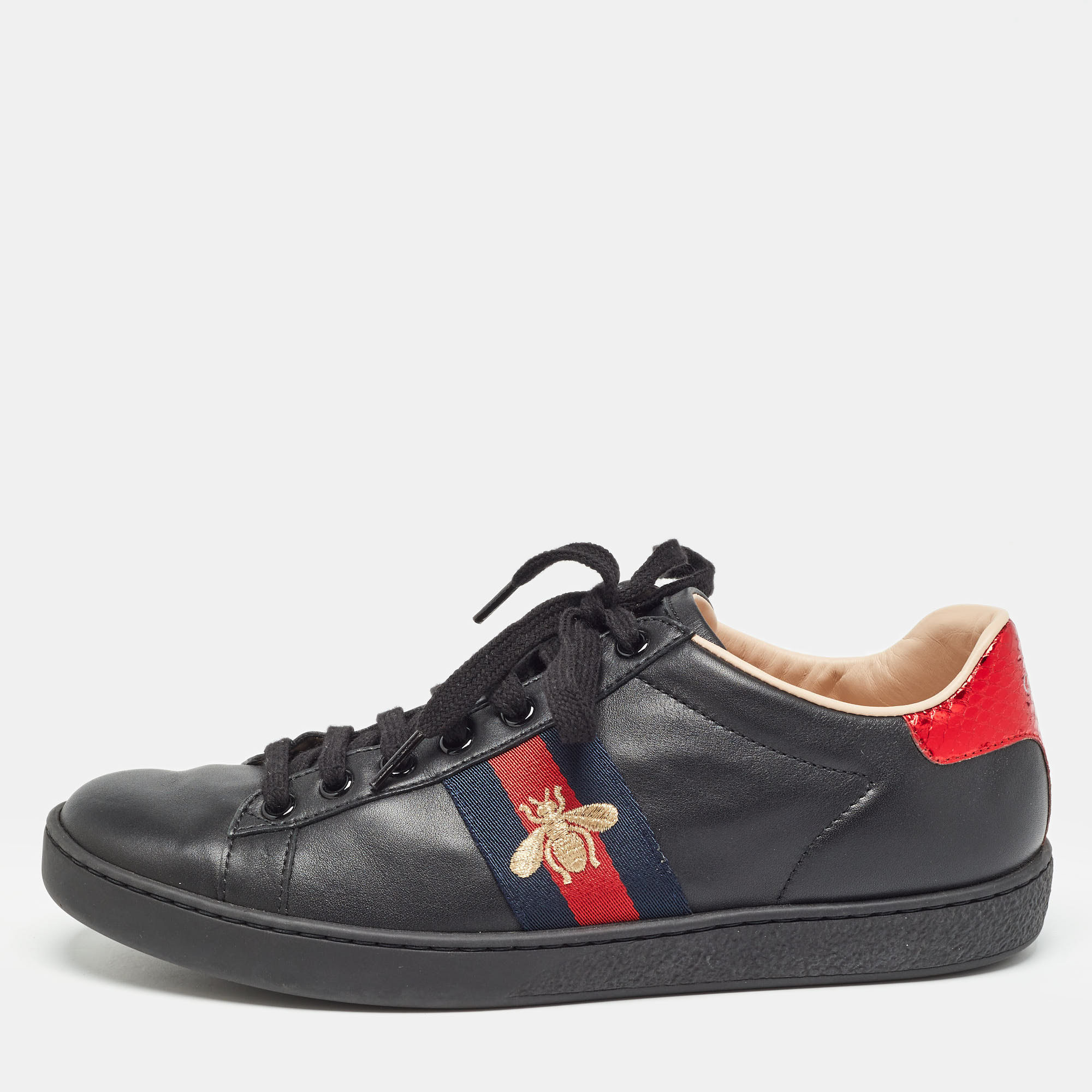 Gucci black leather embroidered bee ace sneakers size 38