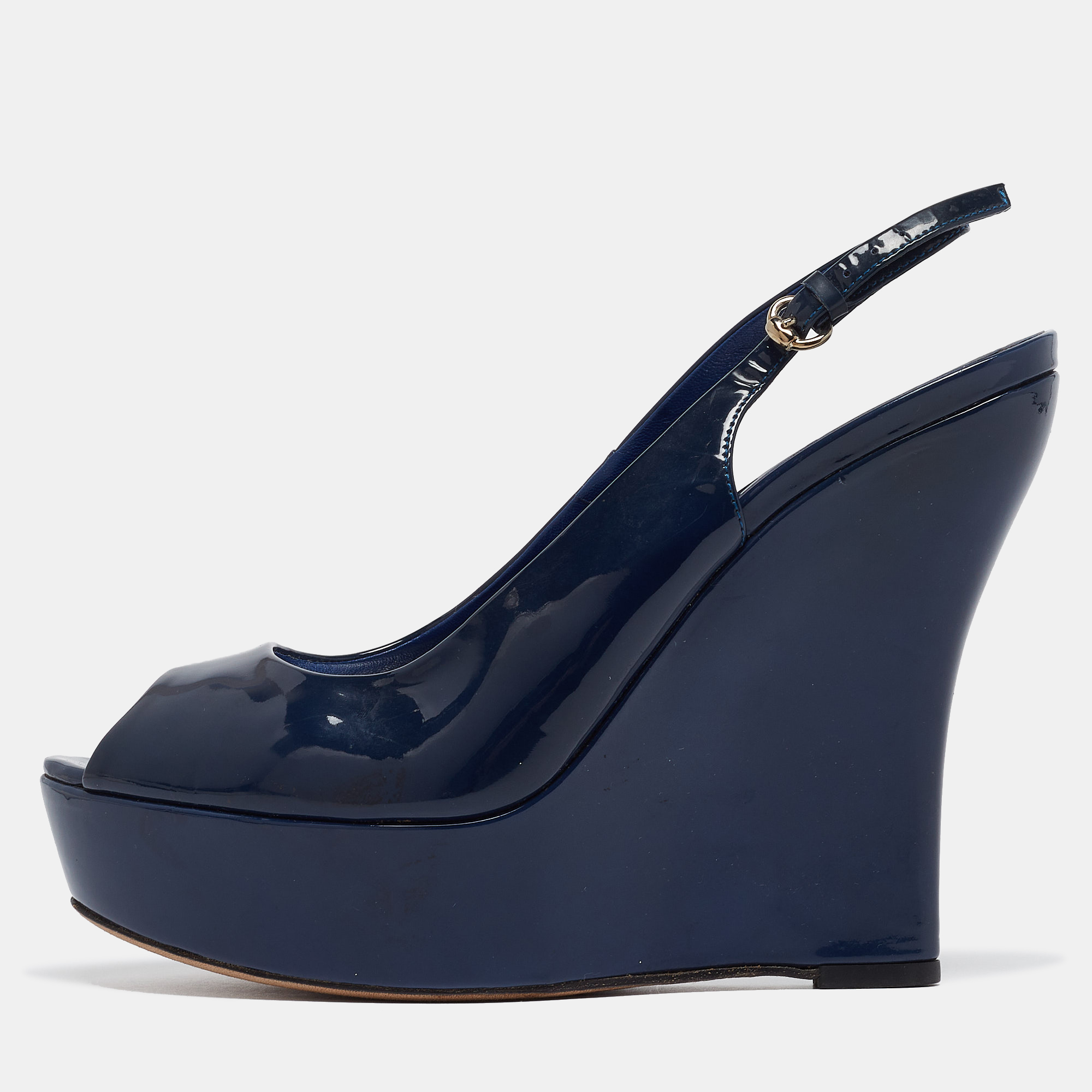 Gucci navy blue patent leather slingback wedge sandals size 39