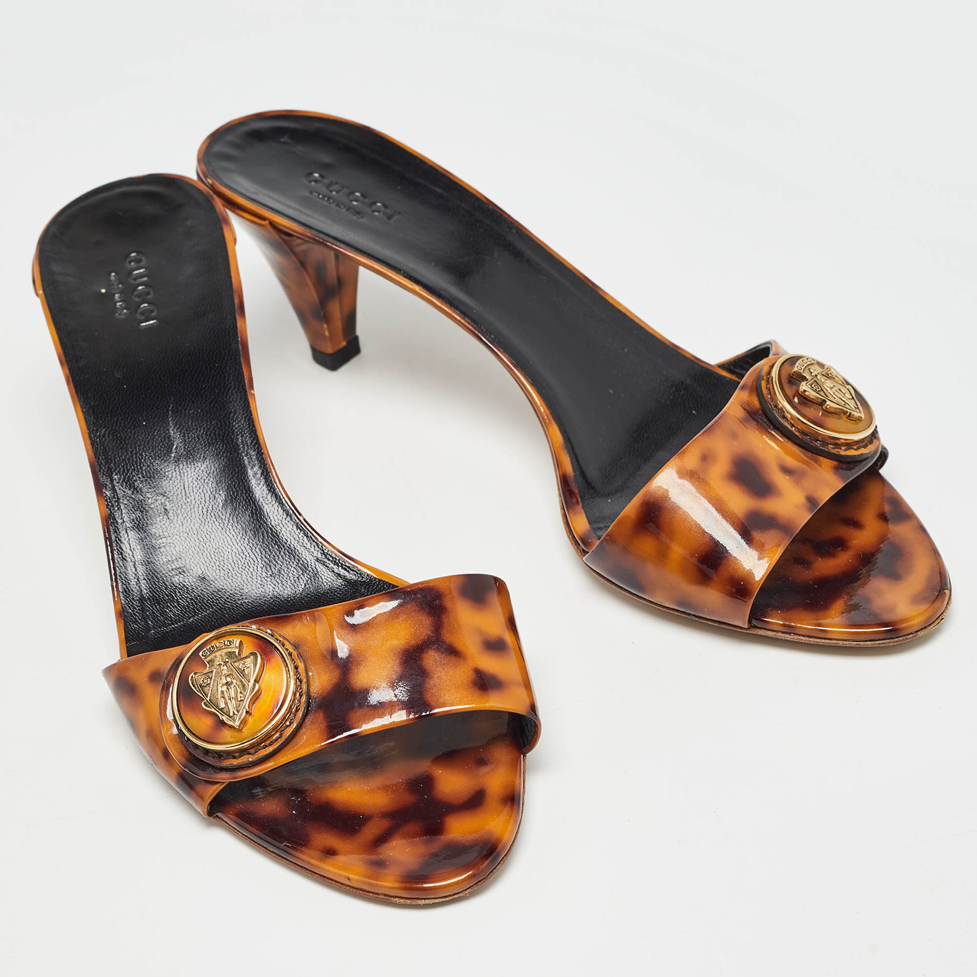 Gucci Two Tone Animal Print Patent Leather Hysteria Slide Sandals Size 39