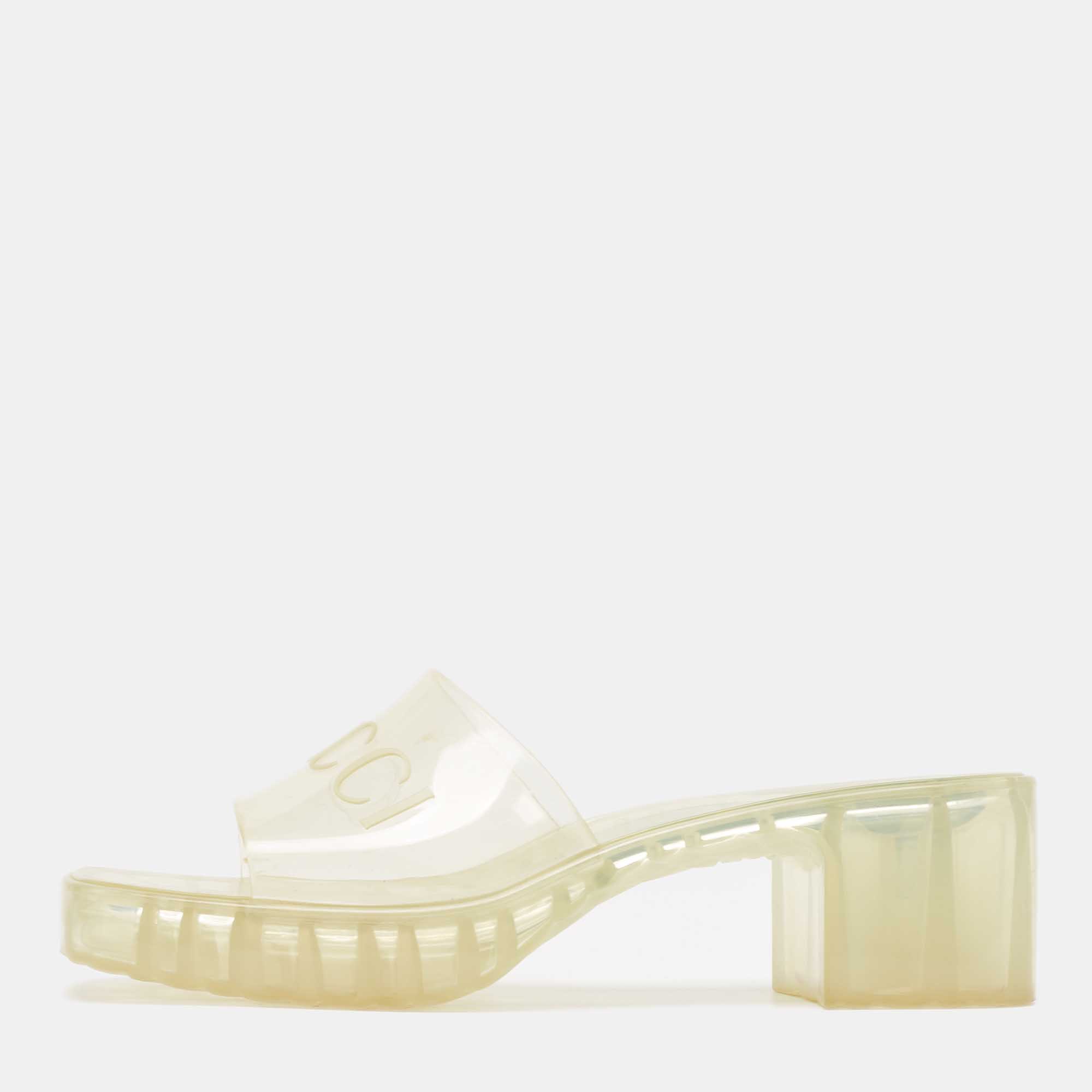 Gucci transparent rubber embossed logo slide sandals size 37