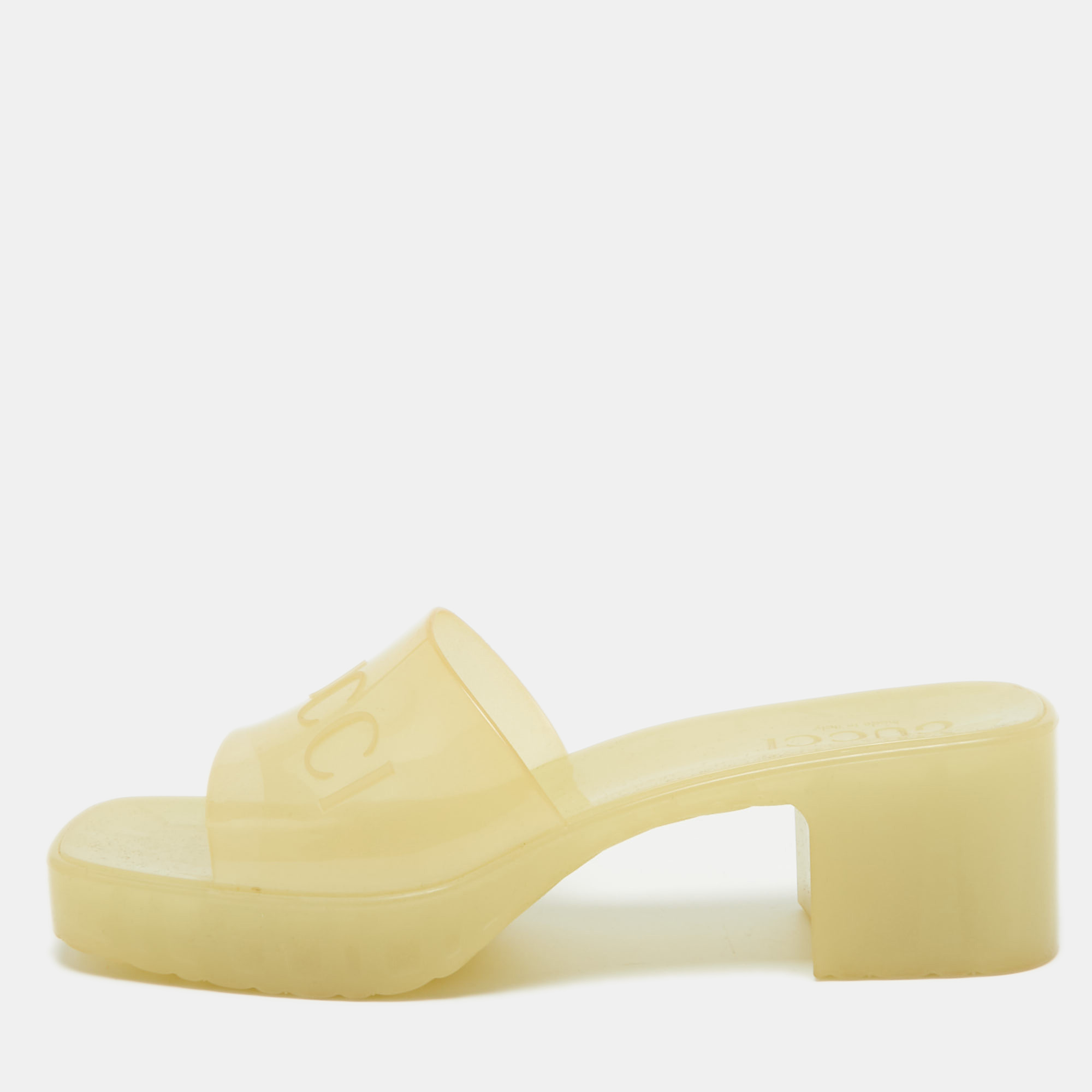 Gucci light yellow rubber logo embossed slide sandals size 37