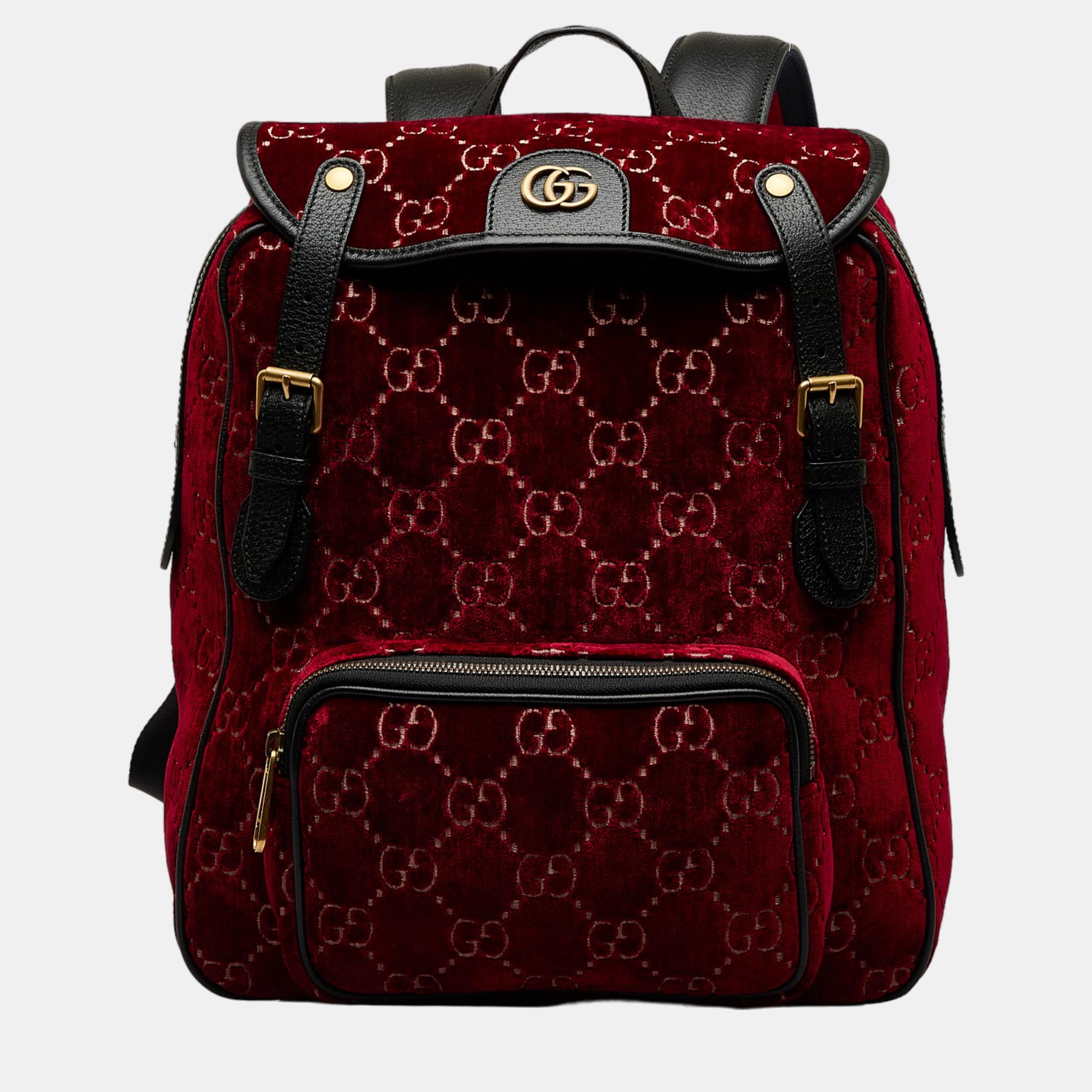 Gucci red gg velvet double buckle backpack