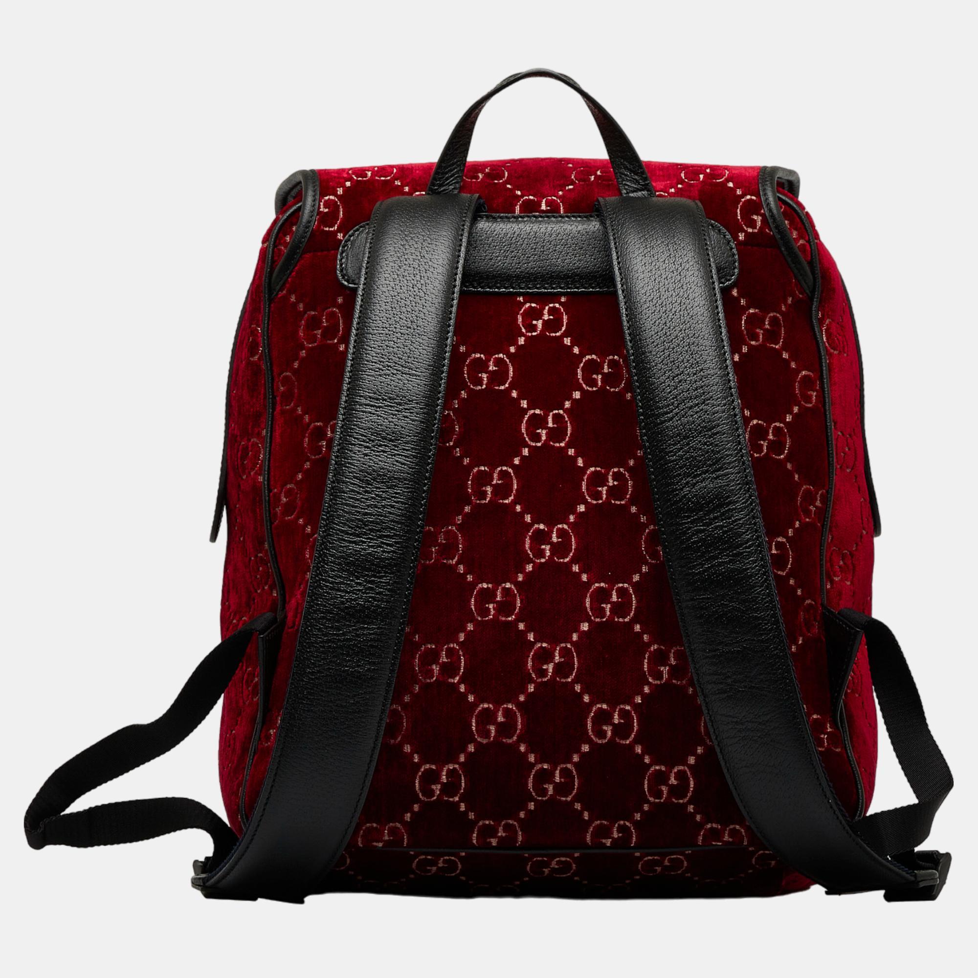 Gucci Red GG Velvet Double Buckle Backpack