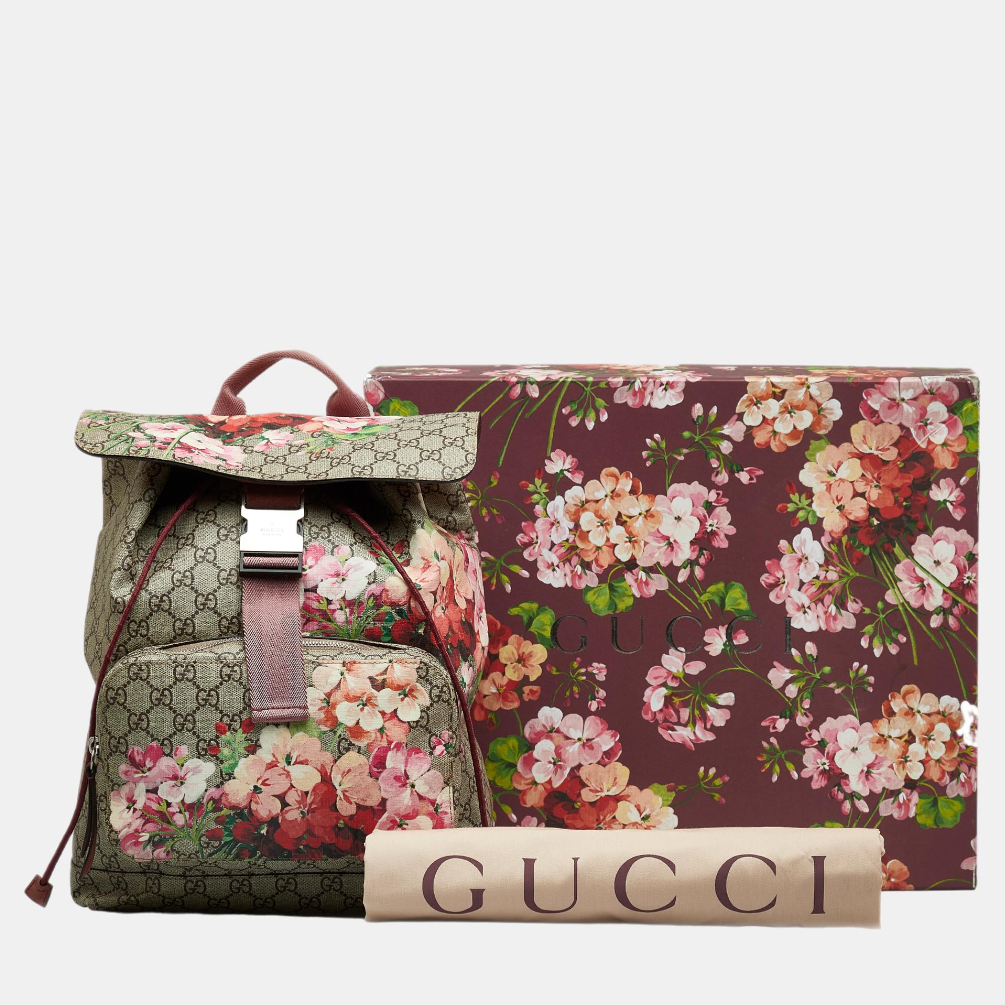 Gucci Beige/Brown GG Supreme Blooms Single Buckle Backpack