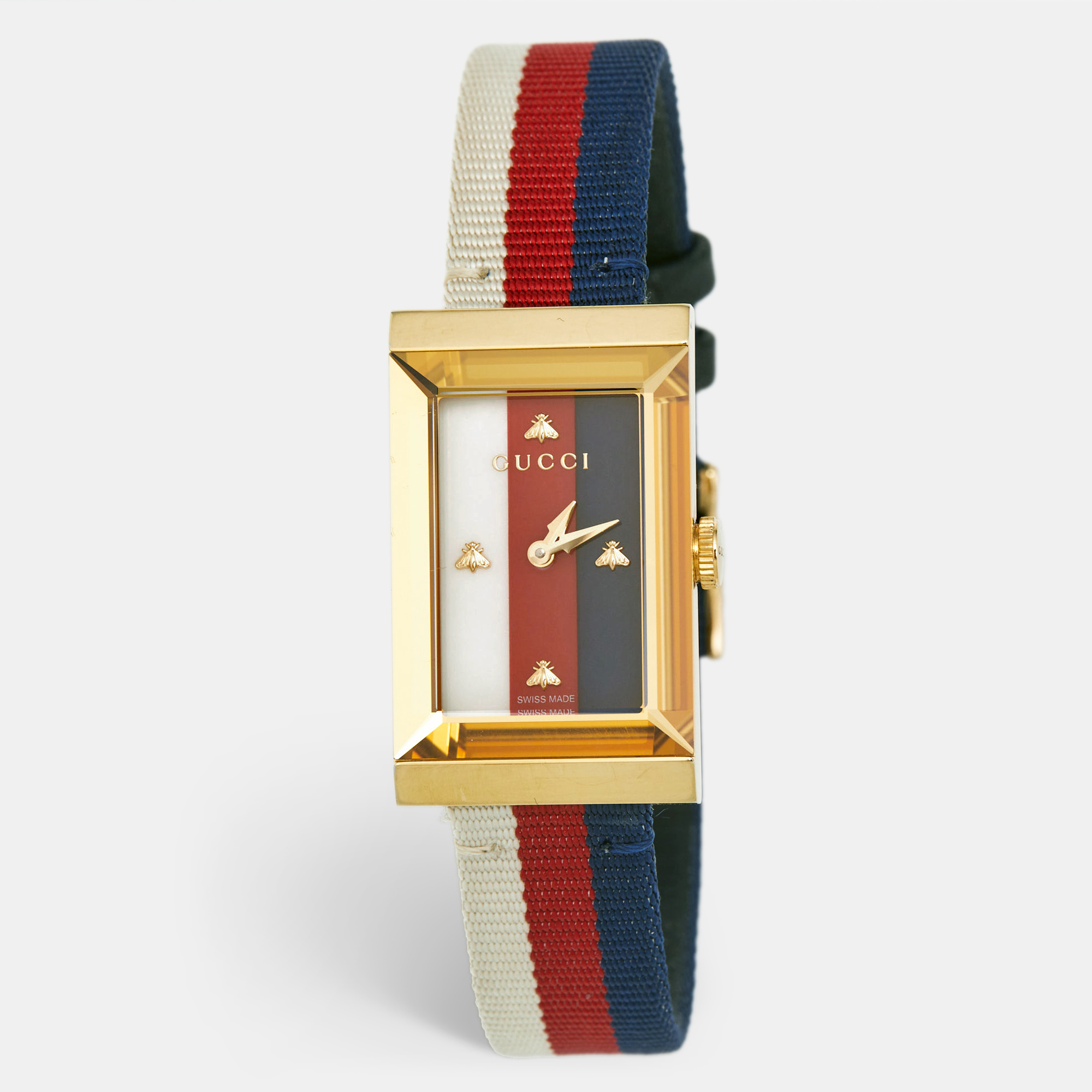 Gucci White Mother Of Pearl Striped Gold Tone Stainless Steel Canvas G-Frame, Multicolor
Gucci White Mother Of Pearl Striped Gold Tone Stainless Steel Canvas G-Frame, Multicolor