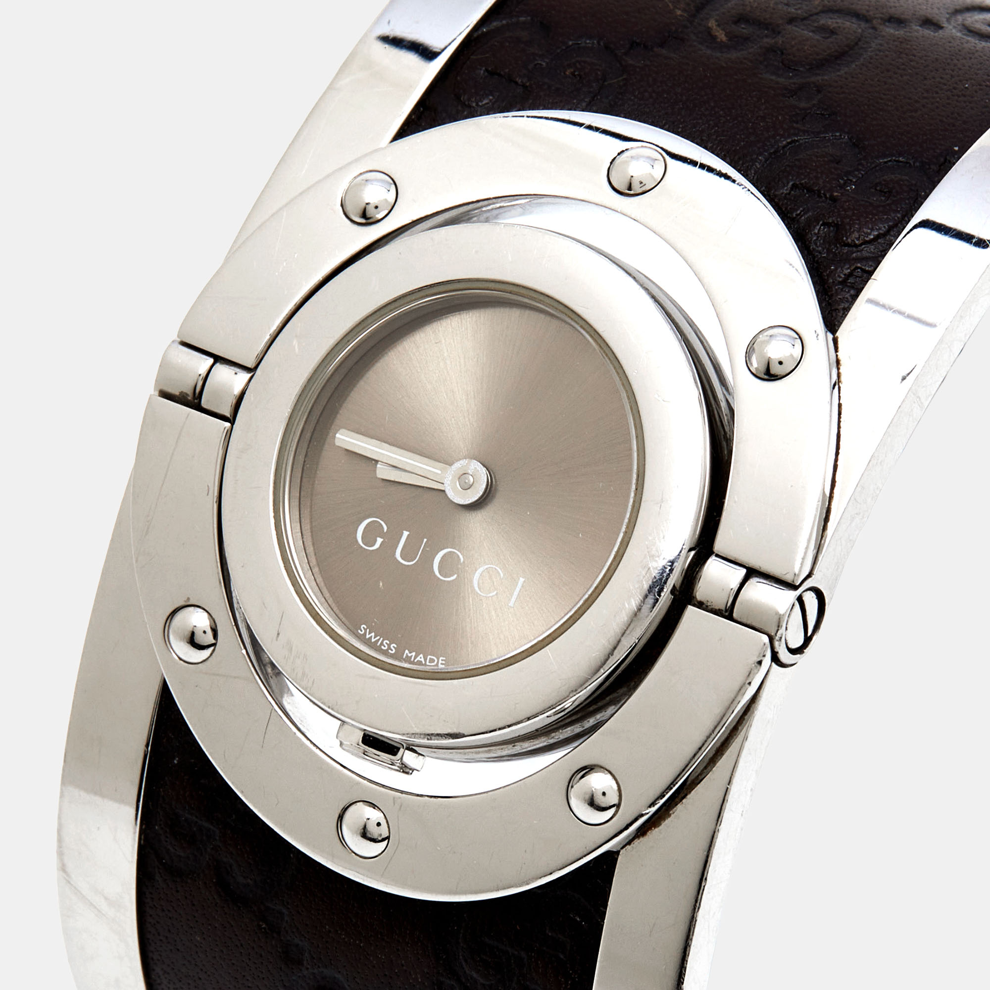 Gucci Bronze Stainless Steel Leather Twirl YA112433 Women's Wristwatch 23 Mm