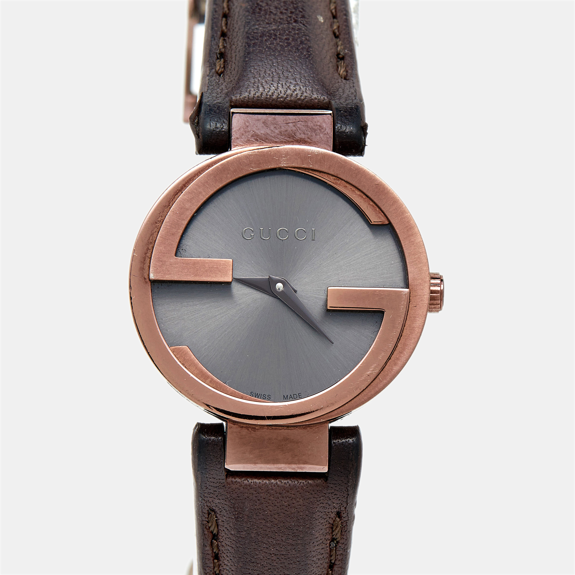 Gucci Brown Ion Plated Stainless Steel Leather Interlocking G 133.5 Women's Wristwatch 29 Mm