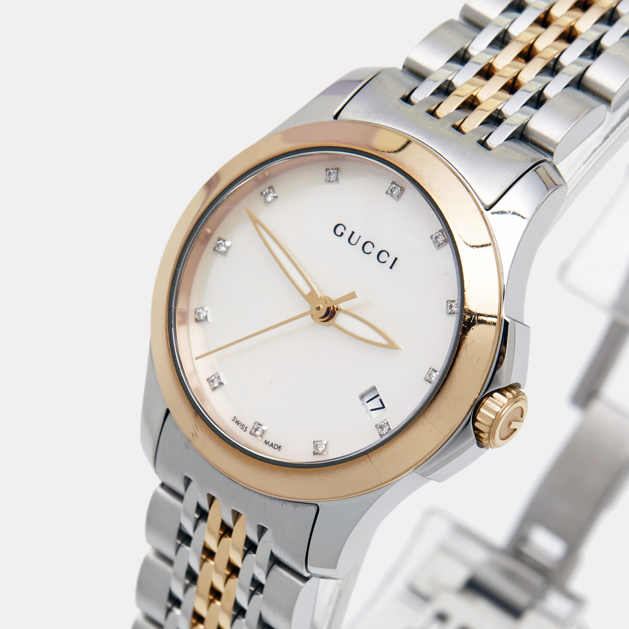 

Gucci Mother of Pearl Two-Tone Stainless Steel Diamonds G-Timeless YA126514 Women's Wristwatch, White
