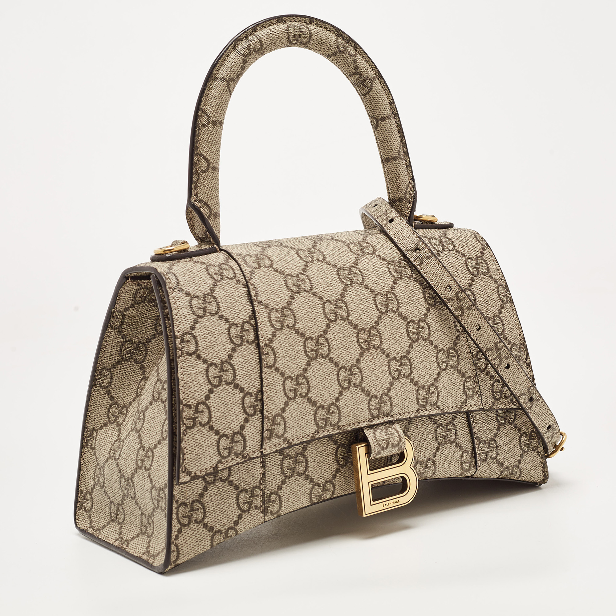 Gucci X Balenciaga Beige/Brown GG Supreme Canvas Hourglass Top Handle Bag