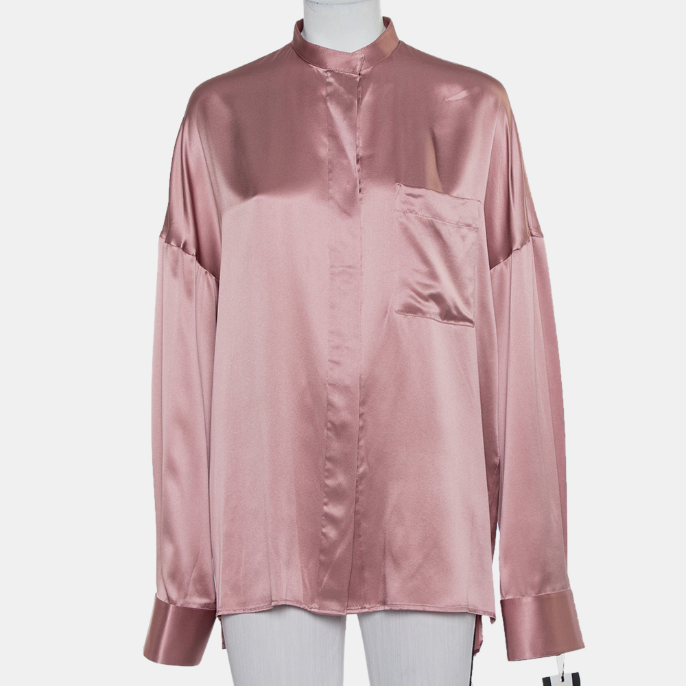 Haider ackermann pink silk satin stand collar drop shoulder detail dali shirt m