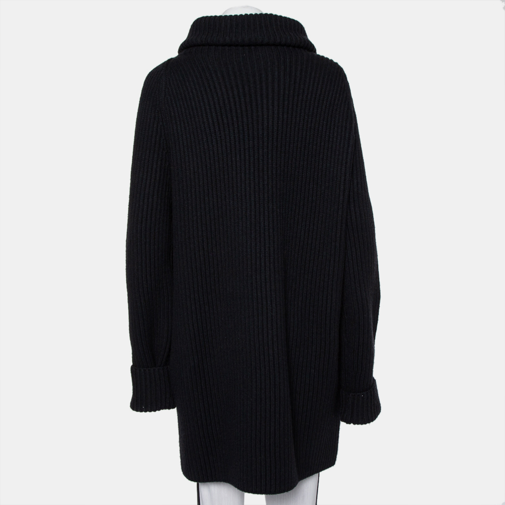 Haider Ackermann Black Wool Knit Collared Zip Front Oversized Long Cardigan XXS