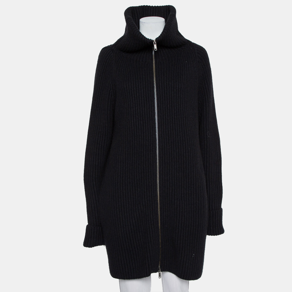 Haider Ackermann Black Wool Knit Collared Zip Front Oversized Long Cardigan XXS