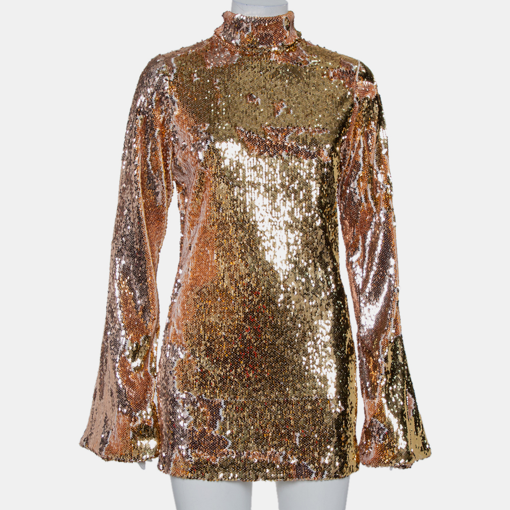 Halpern Gold Sequin Embellished Knit Bell Sleeve Detail Mini Dress S