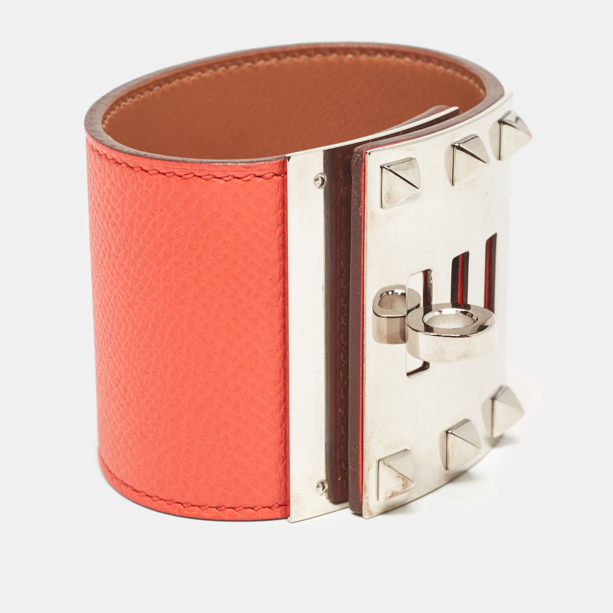 Hermes Kelly Dog Orange Leather Palladium Plated Bracelet